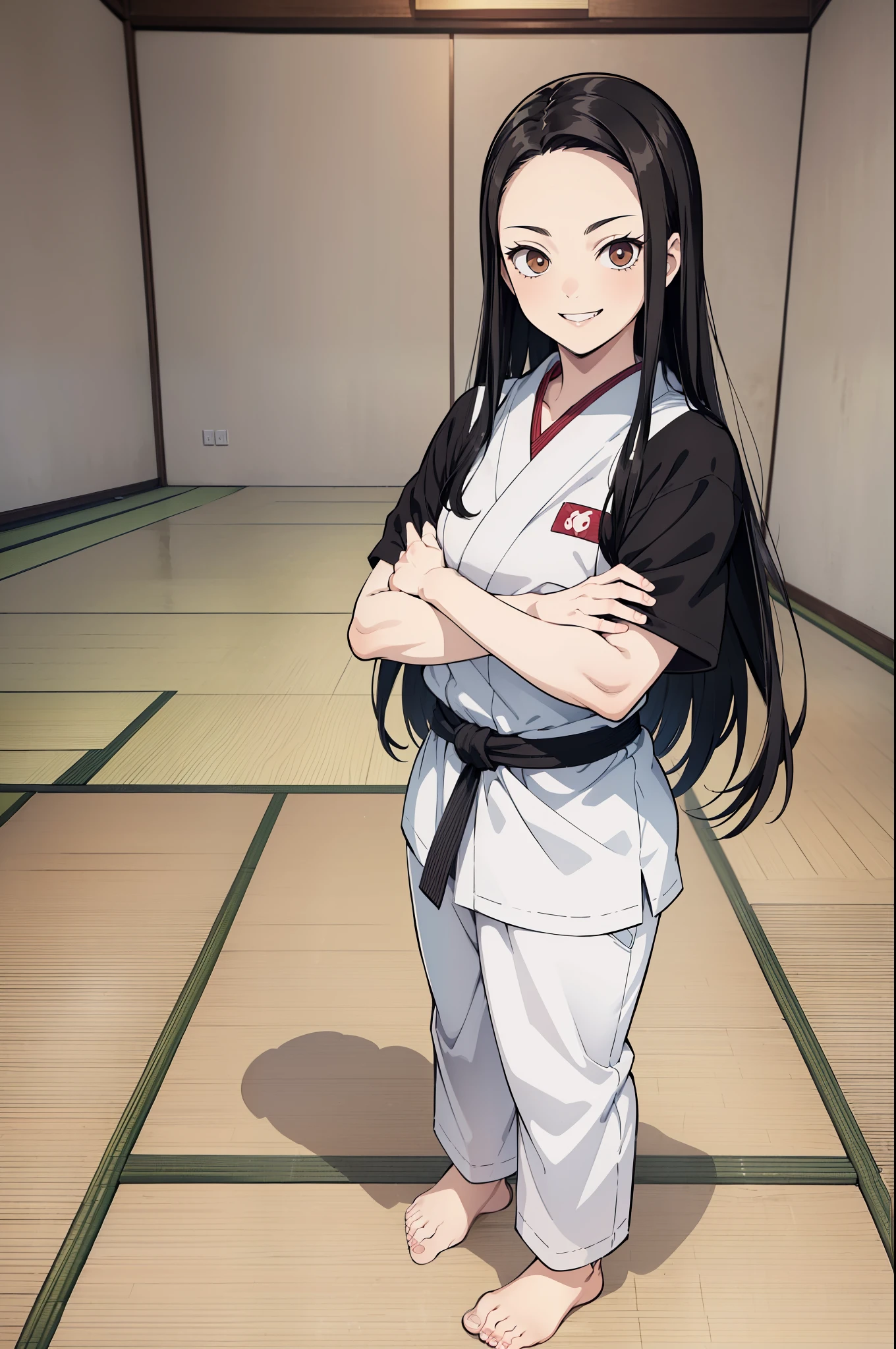 (masterpiece, best quality:1.2), kimetsu no yaiba style, kiyomi, (1girl, solo), (full body, fighting pose, person focus:1.1), (black long hair, straight hair), brown eyes, (evil smile, looking at viewer:1.2), white Judo uniform, bare foot, (standing in the Japanese JUDO hall, TATAMI floor)