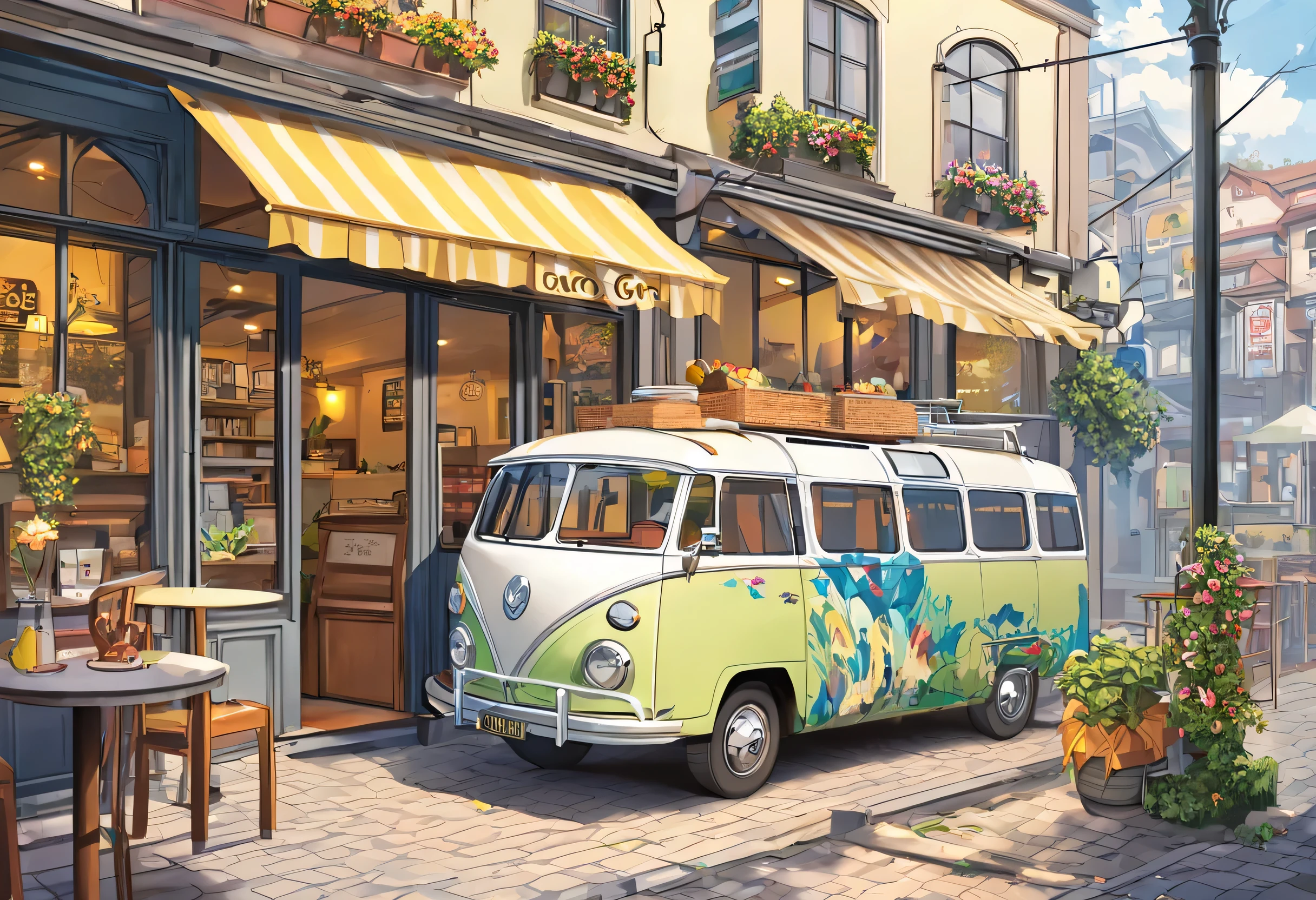 A bus cafe with a small yellow car body that sells cafes in a nostalgic town, digital painting inspired by Vincent Lefèvre, trending on pixabay, street art, stylized digital illustration , digital illustration style , wearing a white blouse with collar inside a business suit, wearing a white blouse with collar inside a business suit, I drew it with Photoshop, Illustration with a soft, painting-like image