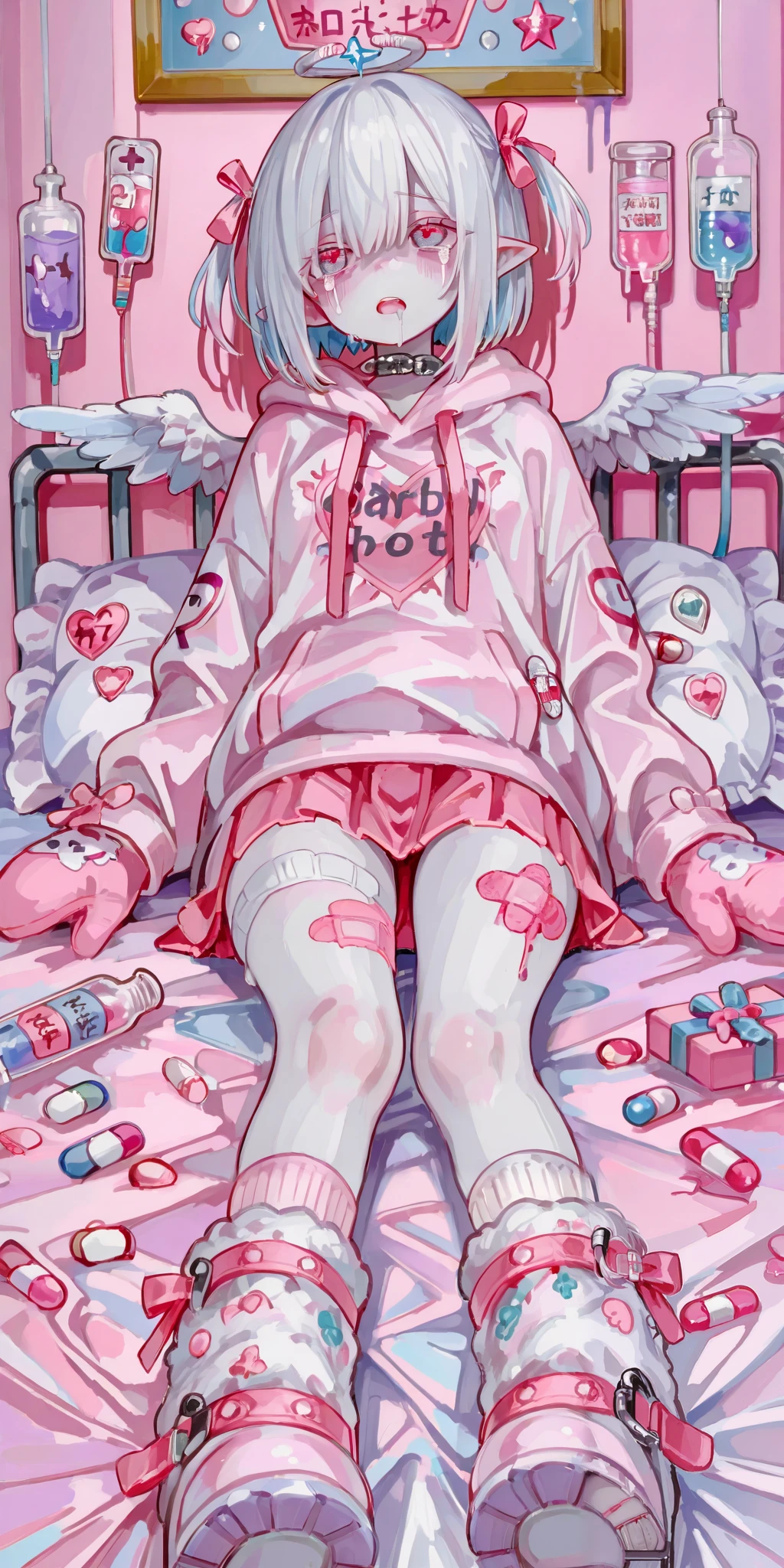 The girl is albino, she has white skin and slightly pointed ears, her eyes are navi blue , and her eyelashes are white. She has short white hair short bob haircut and has small pigtails on the sides of her head. She is wearing a pastel pink/baby-blue/lilac oversized hoodie with long sleeves, white wool mini skirt,pastel pink/baby-blue/lilac and white socks and leggings with a set of badges, white ugg boots,mittens,bandages on the thigh. She belongs to the Yamikawaii subculture, so her outfit is decorated with small bandaged wounded angel wings, symbols of medical crosses, eyeballs, hearts, stars, pills,medical bottles, ampoules with medicines, IV drip with tubes ,models of teeth, band-aids, and toy syringes. On the background: a cute pastel pink/baby-blue/lilac medical ward with medical bed surrounded by plush pillows and open empty gift boxes, ribbons hang from the ceiling. she lies on the bed, drooling and crying.