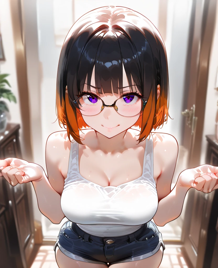 master-piece, bestquality, 1girls,16 years old, View viewers from the up, sit down, leaning forward, horny, HD, slight smile, big tits, cleavage, short orange hair, tights cloth, crop top, miniskirt, heart shape pupille, horns, tiny body, wear glasses,