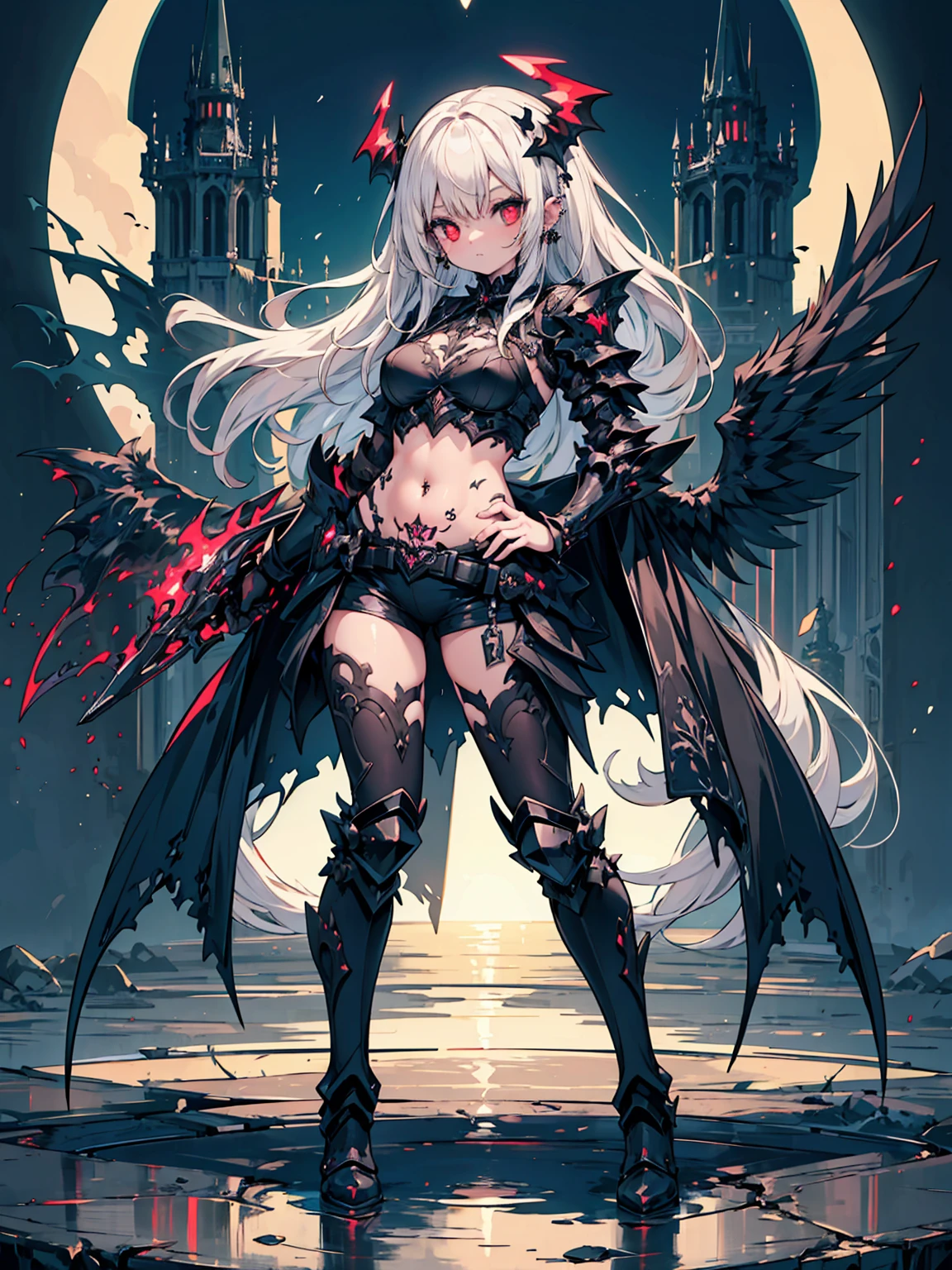 queen power armor , (gothic style), full body view , bellybutton, The most beautiful and sexy demon goddess, long white hair, glowing red eyes, wearing detailed black gothic battle armor, black angel wings, tattoos and piercings, gothic castle, perfect masterpiece, high quality, high resolution