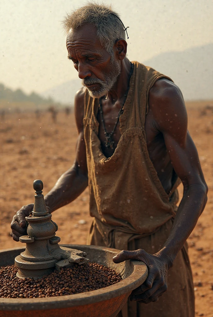 A photo of Survivor Man using a rock to grind wild grains into flour.,original,Wears a Loin cloth, bald, white , messy appearance, male