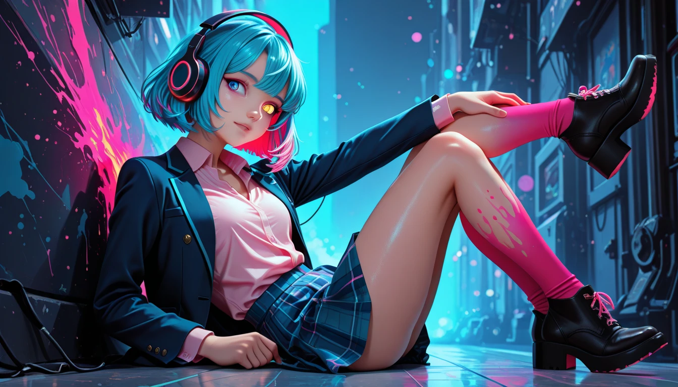 1girl, solo, pink hair, headphones, drill hair, sitting, socks, twin drills, chair, jacket, black background, multicolored hair, looking at viewer, black jacket, simple background, long sleeves, full body, hair ornament, white socks, holding, choker, bangs, shirt, shorts, chewing gum, knees up, food, controller, black choker, pink eyes, off shoulder, stuffed toy, office chair, lollipop, hair between eyes, slippers, blue hair, black shorts, stuffed animal, twintails, open jacket ,