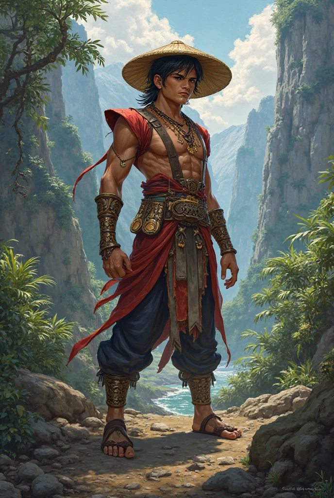 man,Short hair, no shirt,,No shoes while standing.Thai warrior costume holding a sword,Ayutthaya ,Ayutthaya period outfit