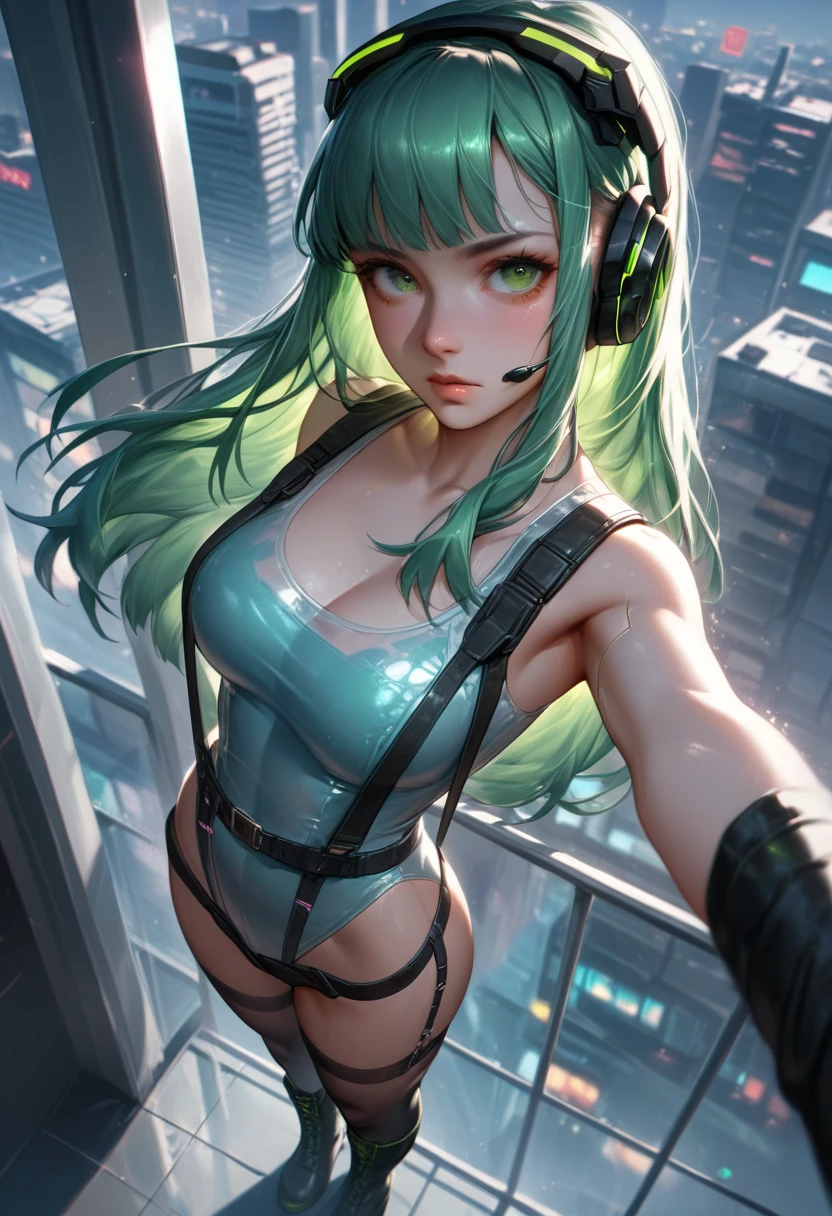 ((masterpiece,Highest quality:1.3)),cowboy shot,1woman,30 year old beauty,Investigator、solo,((very small head:1.3)),green hair,(low ponytail),long hair,blunt bangs,green eyes,gorgeous eyes,medium breasts,((very long body:1.2)),((toned body,slender body,skinny)),gleaming skin,shiny skin,((Black leather leotard、Long sleeve,Micro Shorts))、barefoot、Black leather combat boots、Holding a handgun in your hand、standing,Metropolis、neon、cyber punk、World of Blade Runner、