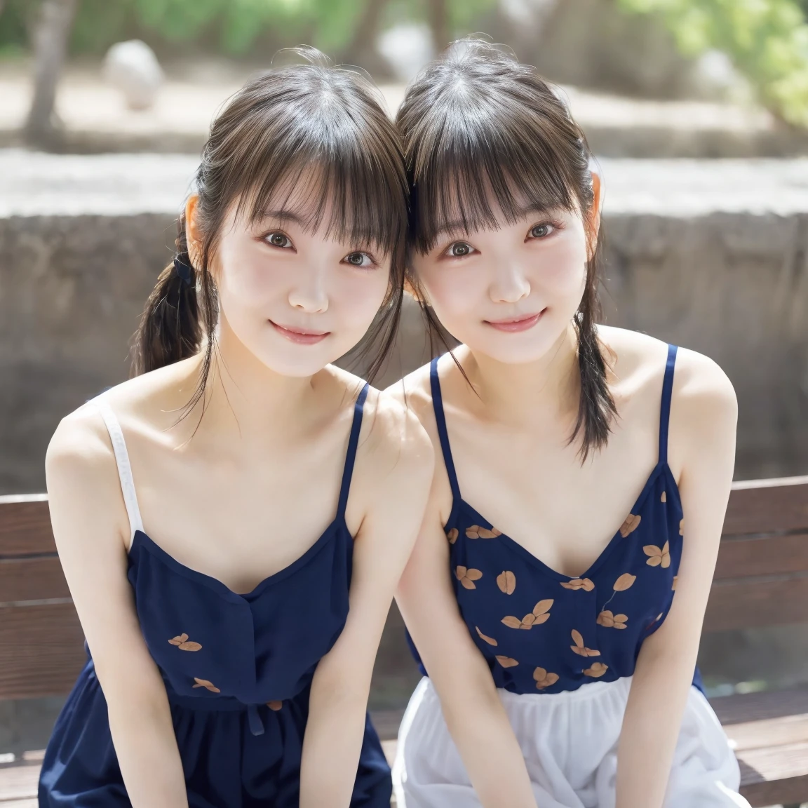 two girls, two girls, pretty girl、, smile, summer mini dress, thighs, underwear、8k, masterpiece, high detail, high quality, High resolution, 最high quality,