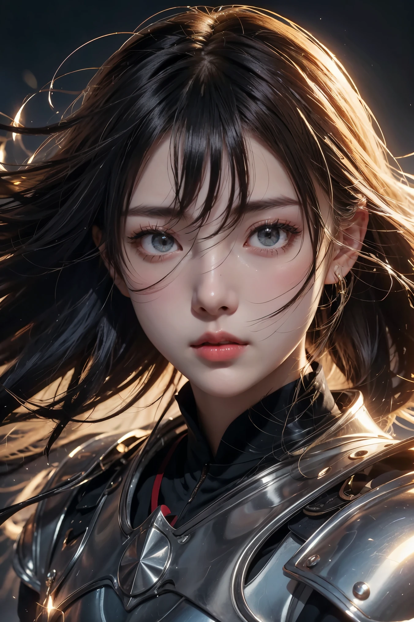 black hair, hair behind ear, long hair, floating hair, bloodshot eyes, Baroque, cinematic lighting, bust chart, retina, (high quality), ccurate, ((best quality)), perfect detail, 16k, medieval knight, silver gloves, silver armor, great sword, dust flying, sword up, looking at viewer, close-up