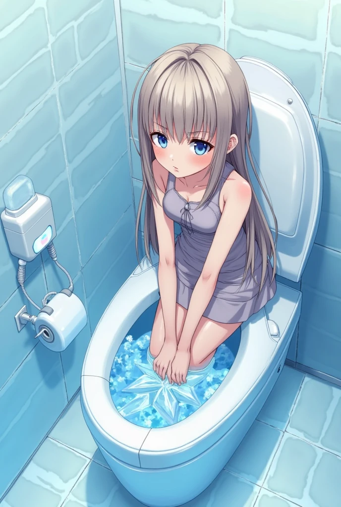 The girl is peeing，Girl leaking urine，Cute white hair、A girl in a white translucent dress、crisp breasts，Expose cleavage，A girl goes to the toilet、Look away、standing、embarrassed from、Blushing、Keep your mouth shut、Mini skirt