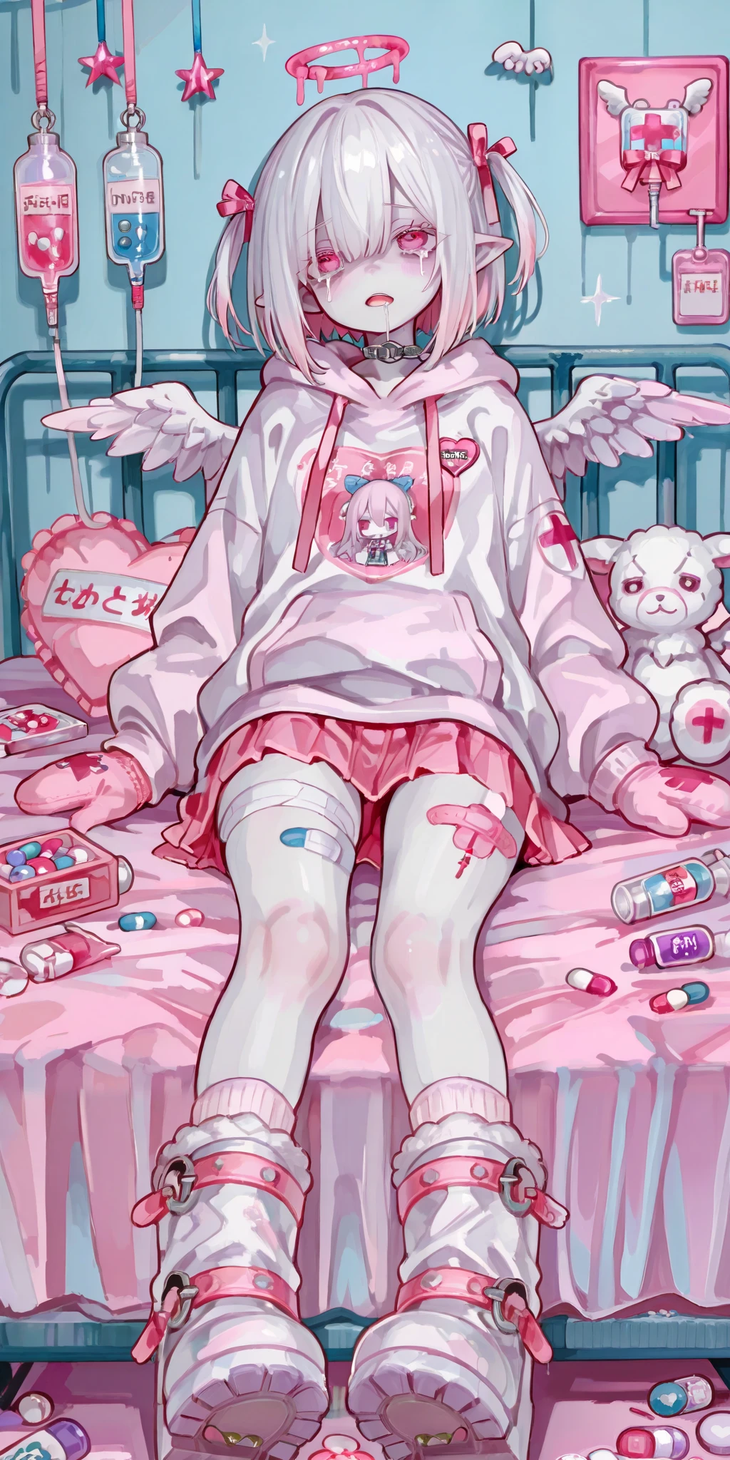 The girl is albino, she has white skin and slightly pointed ears, her eyes are navi blue , and her eyelashes are white. She has short white hair short bob haircut and has small pigtails on the sides of her head. She is wearing a pastel pink/baby-blue/lilac oversized hoodie with long sleeves, white wool mini skirt,pastel pink/baby-blue/lilac and white socks and leggings with a set of badges, white ugg boots,mittens,bandages on the thigh. She belongs to the Yamikawaii subculture, so her outfit is decorated with small bandaged wounded angel wings, symbols of medical crosses, eyeballs, hearts, stars, pills,medical bottles, ampoules with medicines, IV drip with tubes ,models of teeth, band-aids, and toy syringes. On the background: a cute pastel pink/baby-blue/lilac medical ward with medical bed surrounded by plush pillows and open empty gift boxes, ribbons hang from the ceiling. she lies on the bed, drooling and crying.