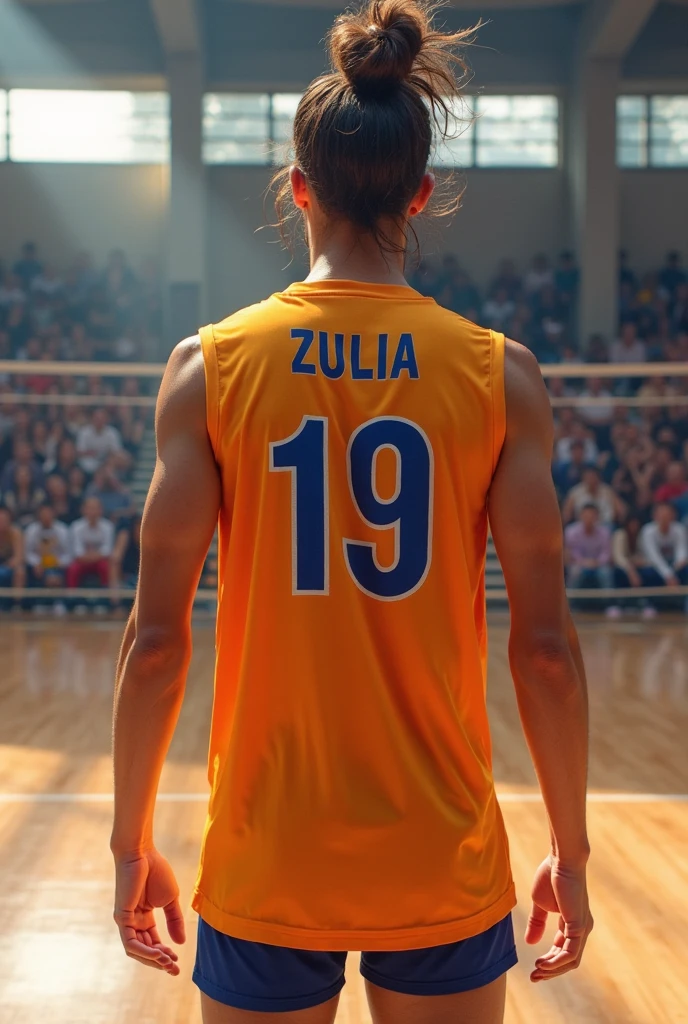 Volleyball player with two boxer&#39;s manes wearing a blue and black uniform, On the back of his shirt it says LAS PALMAS with the number 25 and Briceño standing with the ball on his side