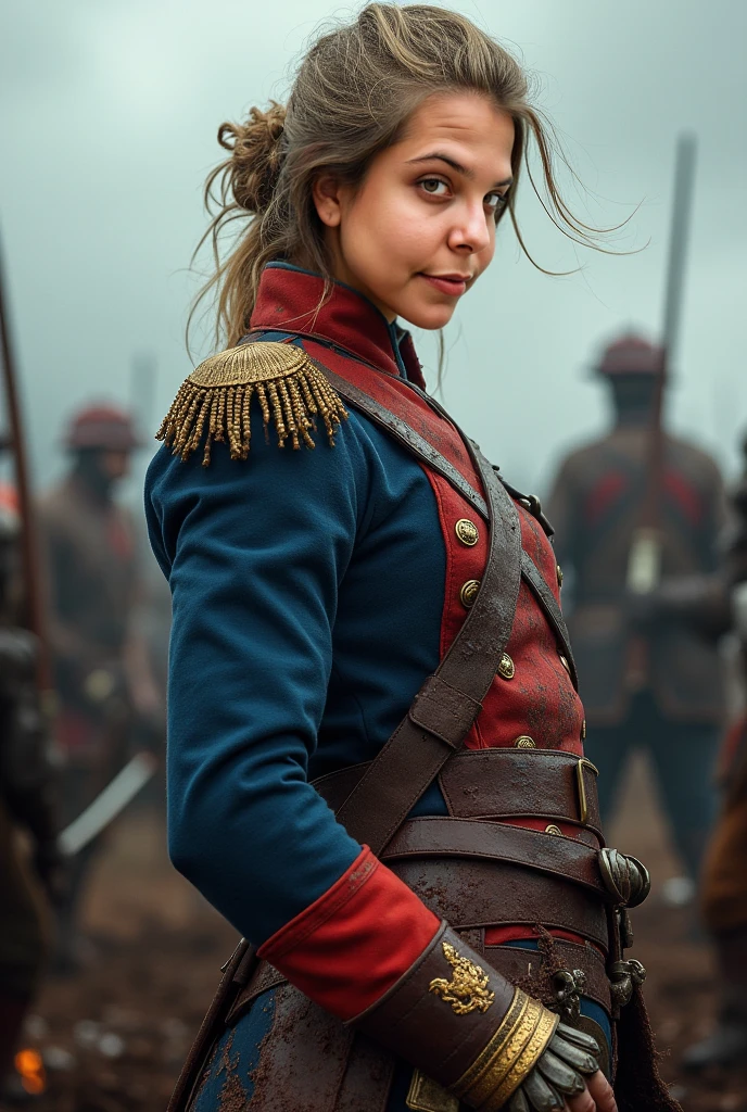 photorealistic, best quality, masterpiece, raw photo of upper body photo, Swordsman woman, soldier of the austro-hungarian empire clothes, double breasted jacket with stripes, extremely detailed eyes and face, long legs, highest quality, skin texture, intricate details, (cinematic lighting), RAW photo, 8k