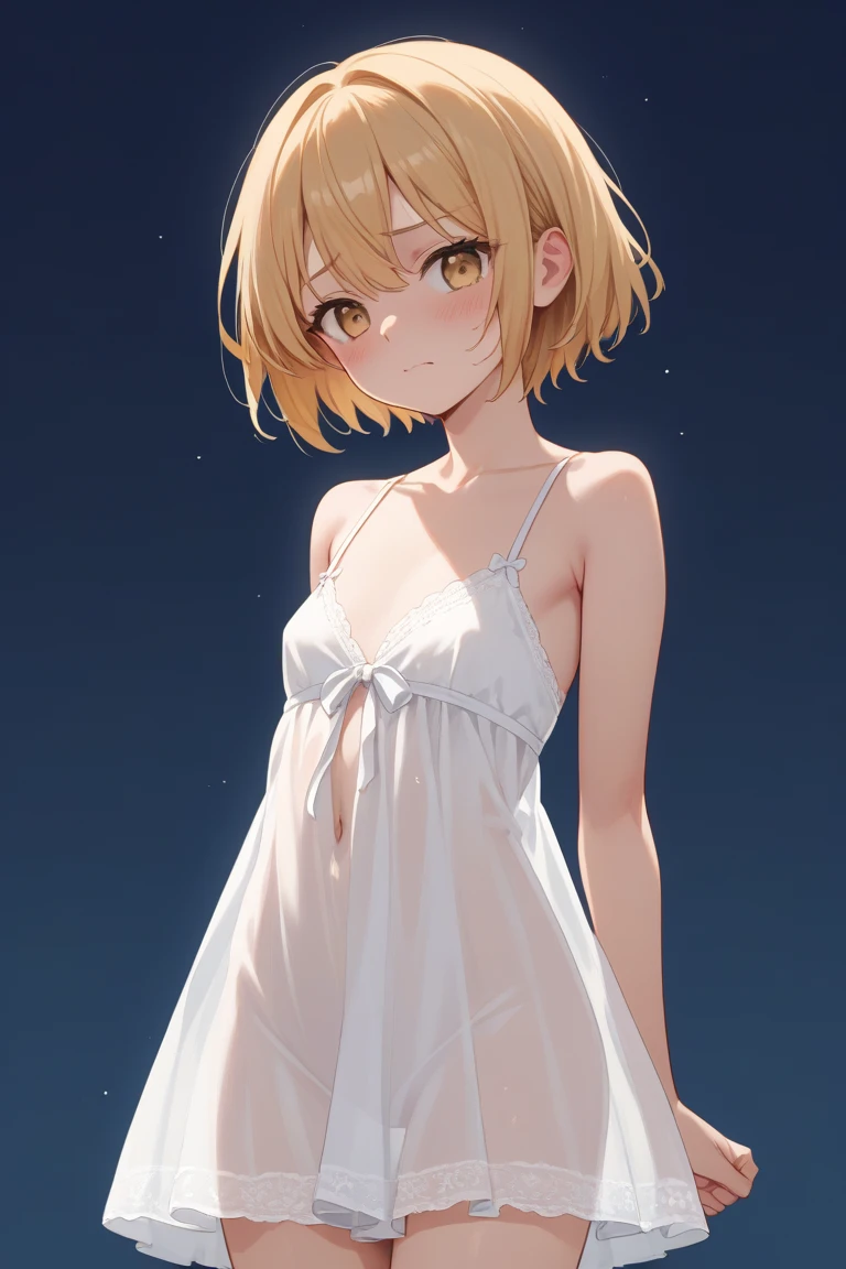 Rika Jogasaki、blush,smile,、Blonde、Sexy see-through lingerie、camisole、Wearing a cute uniform、Primary school students、The back is very small、ta、Small breasts、Showing armpits、exterior: 14 yd、Shoulder Bare、The clavicle is visible、Sexy thighs、Beautiful feet、Usual hairstyle、Show me your armpits:1.2), highest quality, High resolution, unity 8k wallpaper, (shape:0.8), (Beautiful and beautiful eyes:1.6), Highly detailed face, Perfect lighting, Extremely detailed CG, (Perfect hands, Perfect Anatomy),