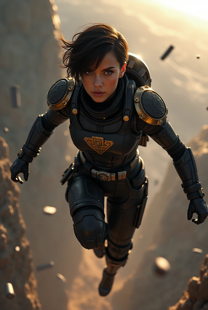 Ella Purnell, "Lucy" Fallout, post-apocalypse, fog, light particles, (best quality, masterpiece, bokeh, high resolution), fallout 4, 1girl, blue vaultsuit, VaultGirl, black hair, big green eyes highly detailed and shiny, short hair, no pipboy3000, leather armor, walking, holding a gun, mouth closed, looking to the side, lake, nuka cola, radiation symbol, more grainy