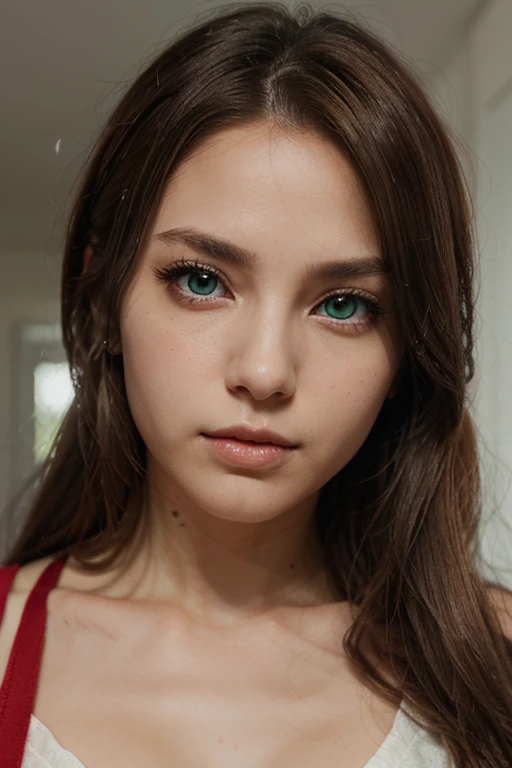 Beautiful girl brown hair big straight green eyes