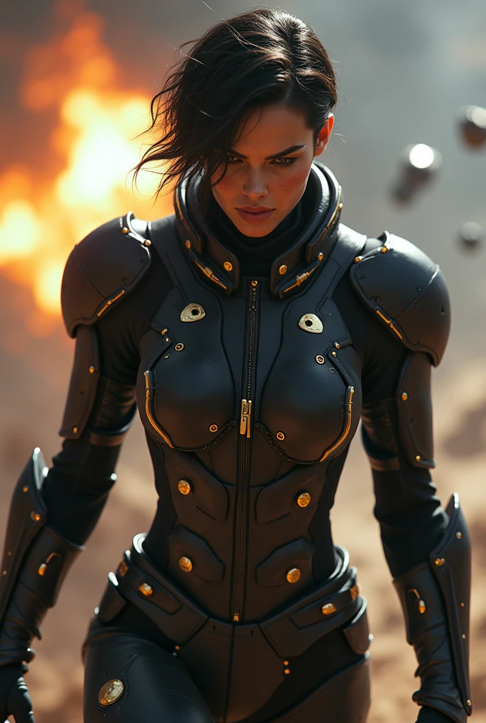 Beautiful and lovely military woman with a transparent plastic cyborg uniform and a large weapon, super detailed image