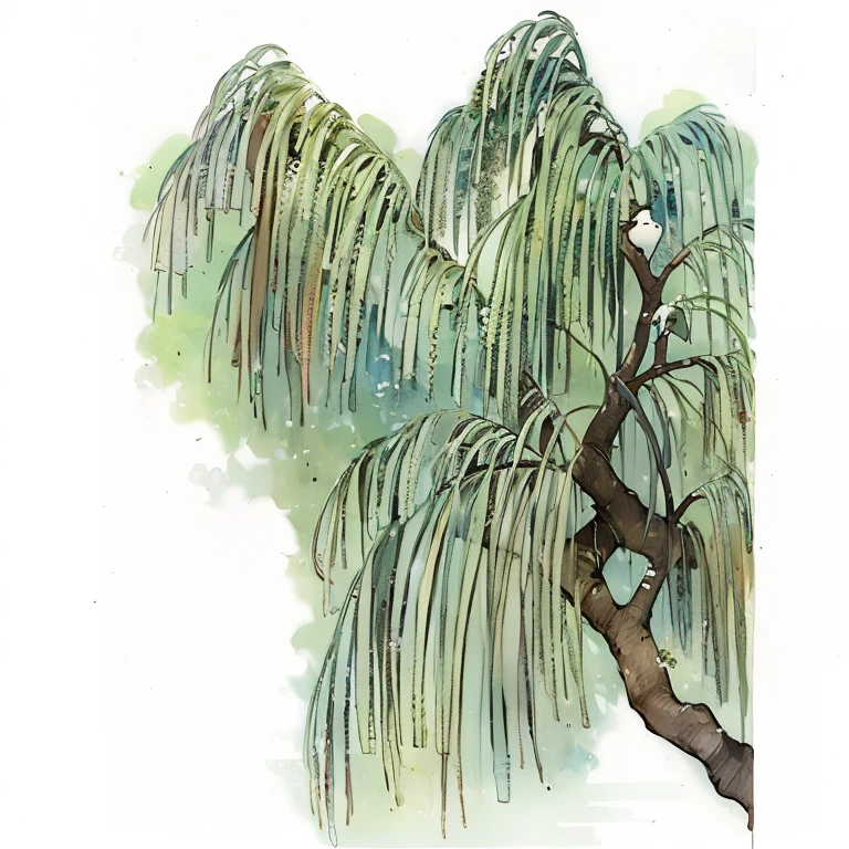 A painting of a tree，There are branches and a bird on it, willow, 用微软画图绘制, willow and hill, weeping willow, willow, painting, willows, willow,  inspired by Koharu Matsumura , ,  