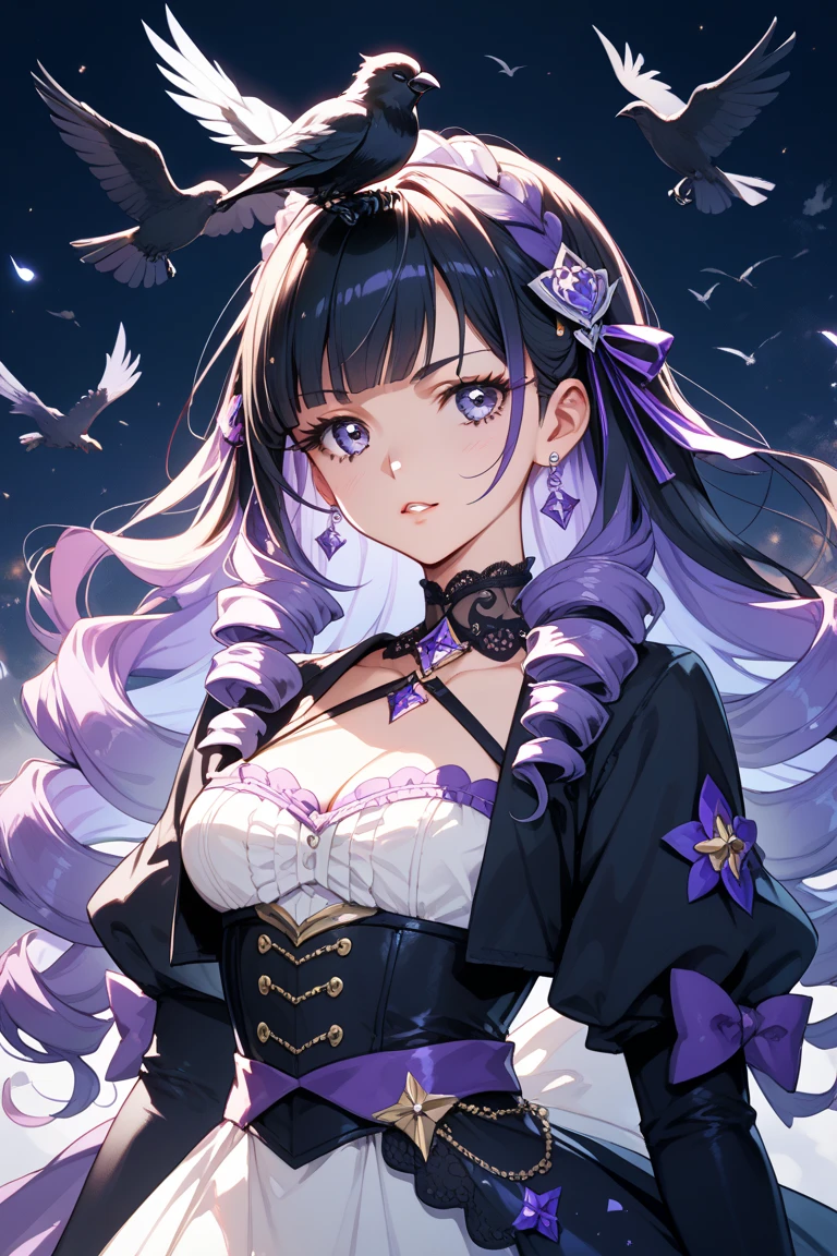 young female character with a magical or fantasy theme. She has short, ruffled black hair with violet hues at the tips and two front locks that frame her face. Her eyes are large and have vibrant orange and yellow irises with light reflections, giving them a gem-like appearance. She wears a large, wide-brimmed purple hat adorned with golden gears and violet ribbons, suggesting a touch of steampunk influence. Her attire is predominantly black with purple accents, including a ribbon choker around her neck. A purple, star-shaped gem is prominently displayed at the center of her chest. She has puffed sleeves and a black bodice with purple buttons. A golden belt with a round buckle cinches her waist, and violet ribbons hang down from it. Her pose is playful as she gently touches her cheek with one finger, smiling subtly as if inviting onlookers into a secret or game. Her overall appearance combines elements of a witch or a sorceress with a modern, stylish twist.