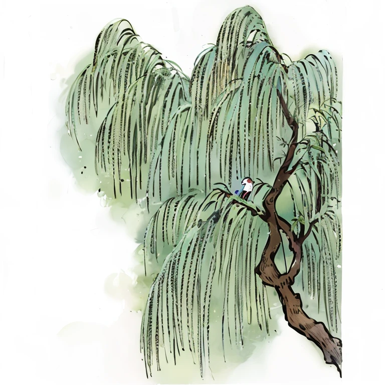 A painting of a tree，There are branches and a bird on it, willow, 用微软画图绘制, willow and hill, weeping willow, willow, painting, willows, willow,  inspired by Koharu Matsumura , ,  