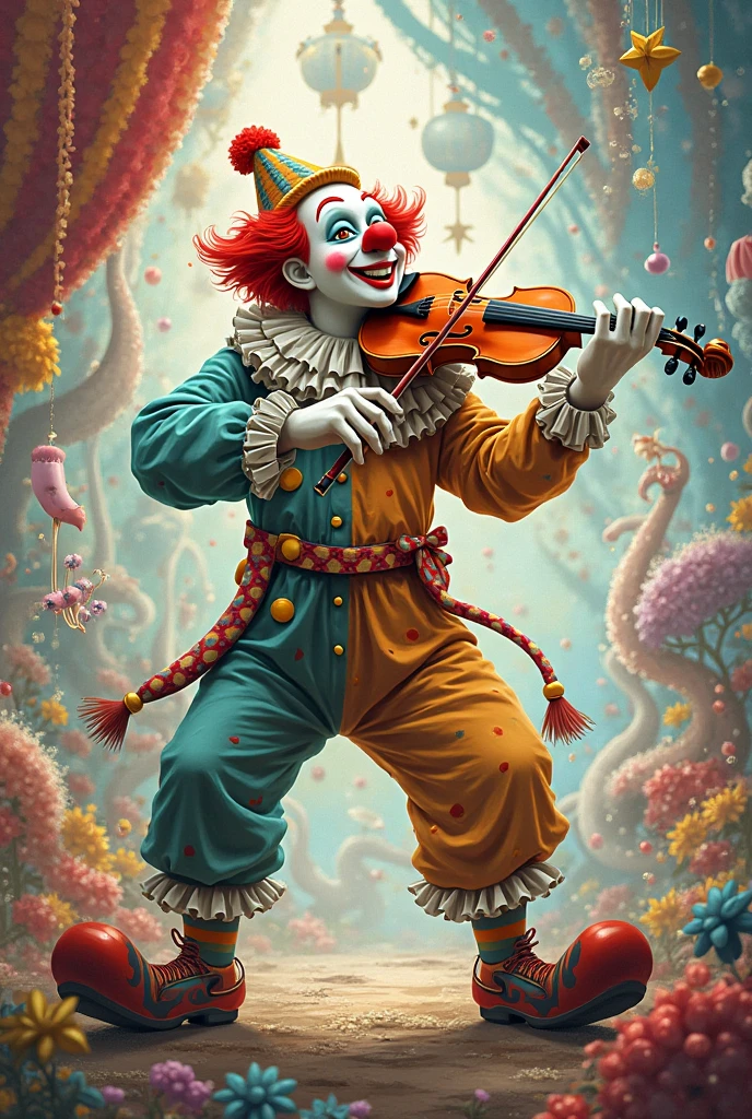 painting of a clown playing a flute with oranges and a glass of wine, adrian borda, inspired by Ivan Generalić, by Svetlin Velinov, inspired by Rafal Olbinski, by Jaroslav Doubrava, by Albert Kotin, inspired by Jan Stanisławski, sergey zabelin, by János Kass