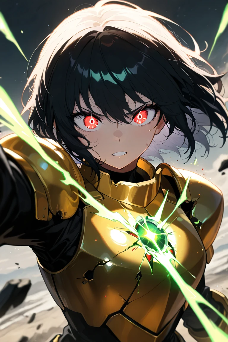 screenshot of boku no hero academia of a teenager, dark, wavy and short hair, furious expression, wears heroine custom and is prepared to fight with her enemy face to face, background of the city in flames
