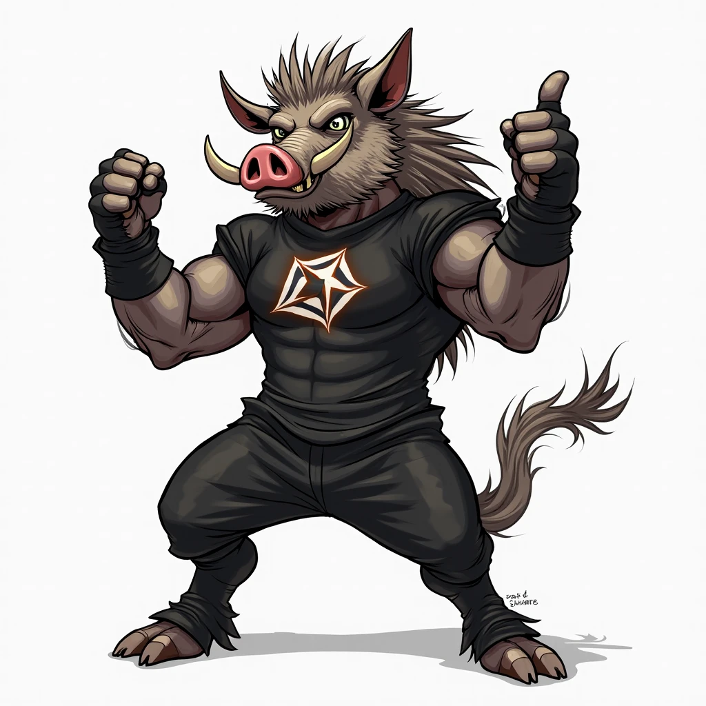Depict creative human animal art,  a fanged wild boar, standing on his foots, give thumb up sign and dressed in black with logo text "KMM". the logo in the shape of a cube. white  background.