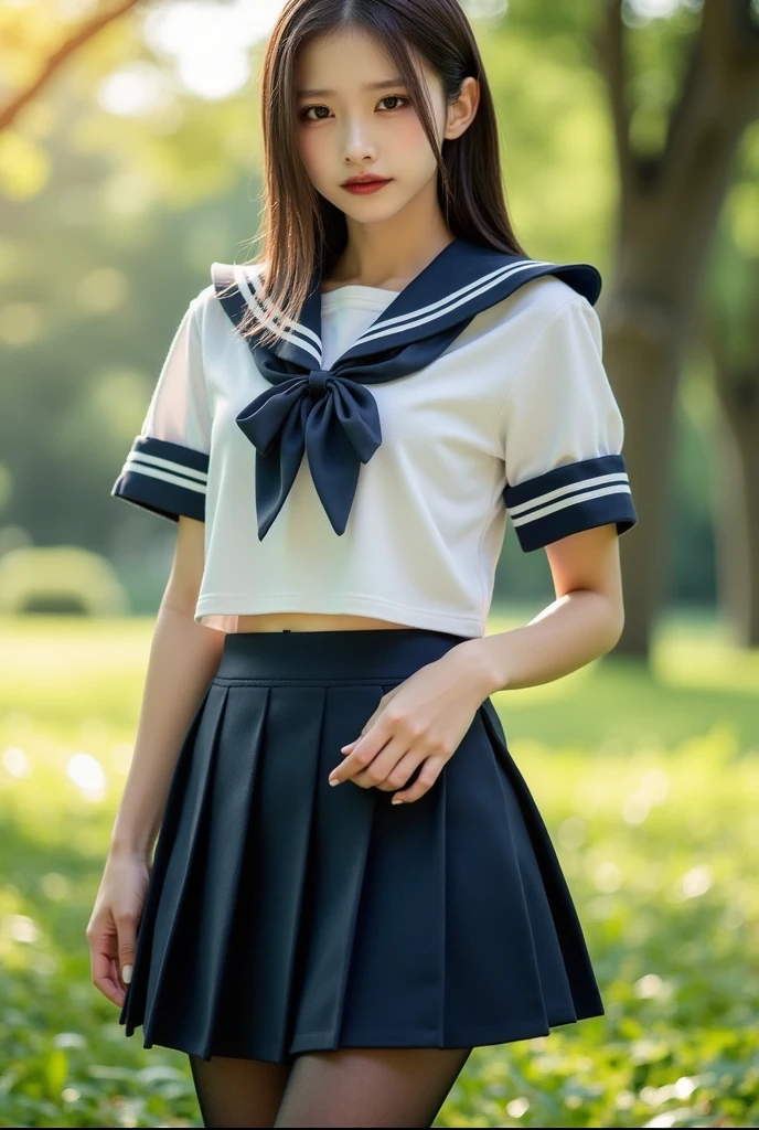 neat college girl, (school uniform, sailor uniform, ribbon tied at chest, summer clothes, upper body white, skirt dark blue, short sleeves), outside the athletic field, (slim), photorealistic, detail, skin texture, ultra detail, delicate and sexy collarbone, smile, super detailed face, detailed lips, detailed eyes, double eyelids, small breasts, small breasts, small, flat breasts, breast emphasis