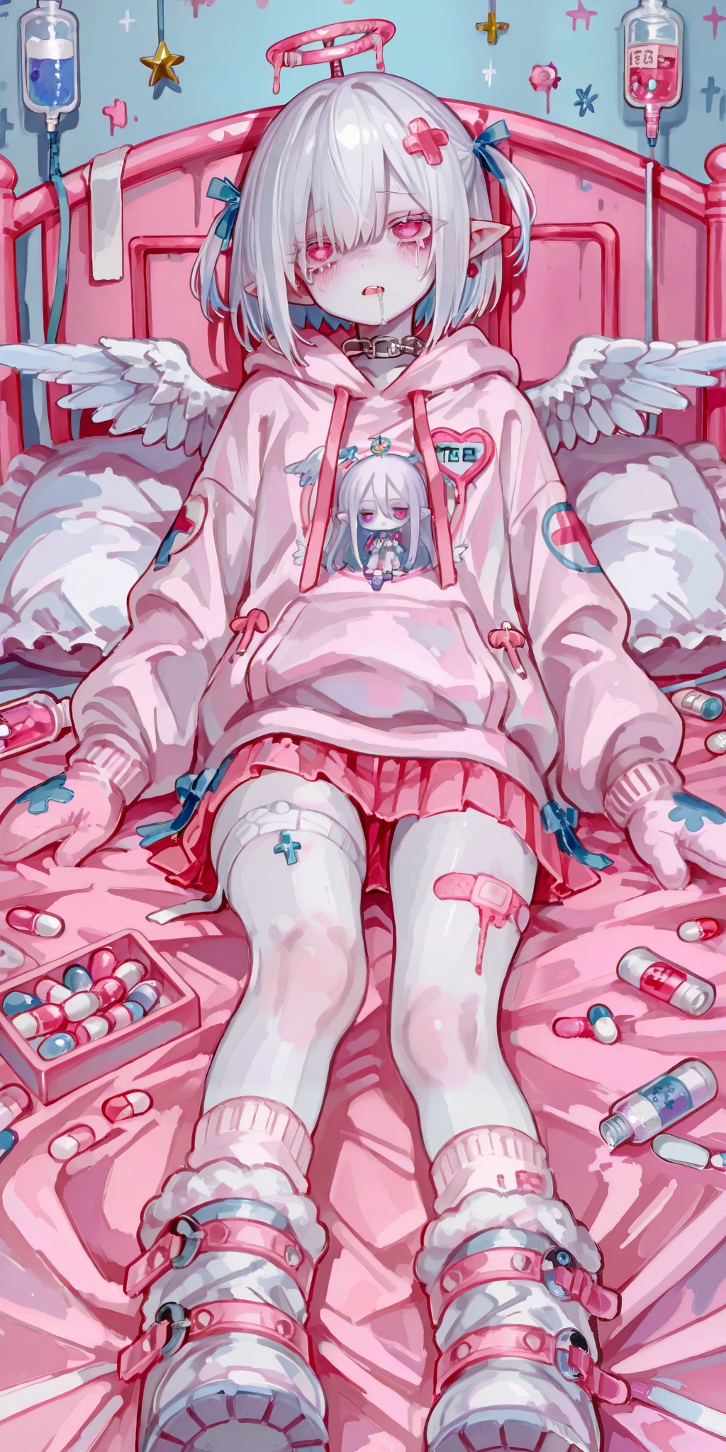 The girl is albino, she has white skin and slightly pointed ears, her eyes are navi blue , and her eyelashes are white. She has short white hair short bob haircut and has small pigtails on the sides of her head. She is wearing a pastel pink/baby-blue/lilac oversized hoodie with long sleeves, white wool mini skirt,pastel pink/baby-blue/lilac and white socks and leggings with a set of badges, white ugg boots,mittens,bandages on the thigh. She belongs to the Yamikawaii subculture, so her outfit is decorated with small bandaged wounded angel wings, symbols of medical crosses, eyeballs, hearts, stars, pills,medical bottles, ampoules with medicines, IV drip with tubes ,models of teeth, band-aids, and toy syringes. On the background: a cute pastel pink/baby-blue/lilac medical ward with medical bed surrounded by plush pillows and open empty gift boxes, ribbons hang from the ceiling. she lies on the bed, drooling and crying.