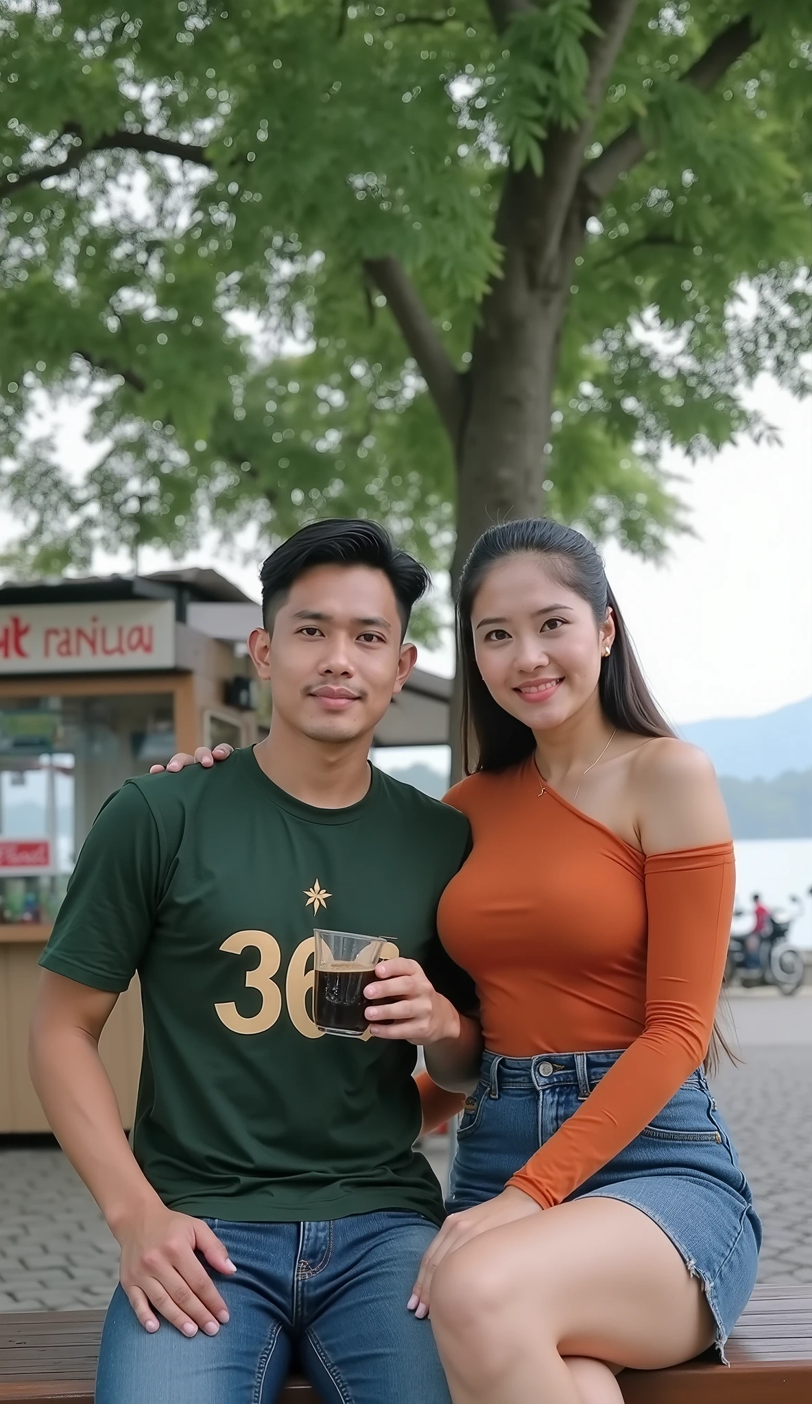 Facing forward, long angle shot. an Indonesian man wearing a dark green tshirt with the words "366" written on it, jeans, sitting on a wooden bench, he is holding a glass cup of black coffee, beside him a curvy woman with her hair tied behind her, she is wearing a orange tight tshirt with shoulder off, a denim mini skirt, behind them a food stall, on top of it there is a sign that says "warkop randa", beside the stall there is a large shady tree, with a view behind it of a lake and hills, they are looking to camera
