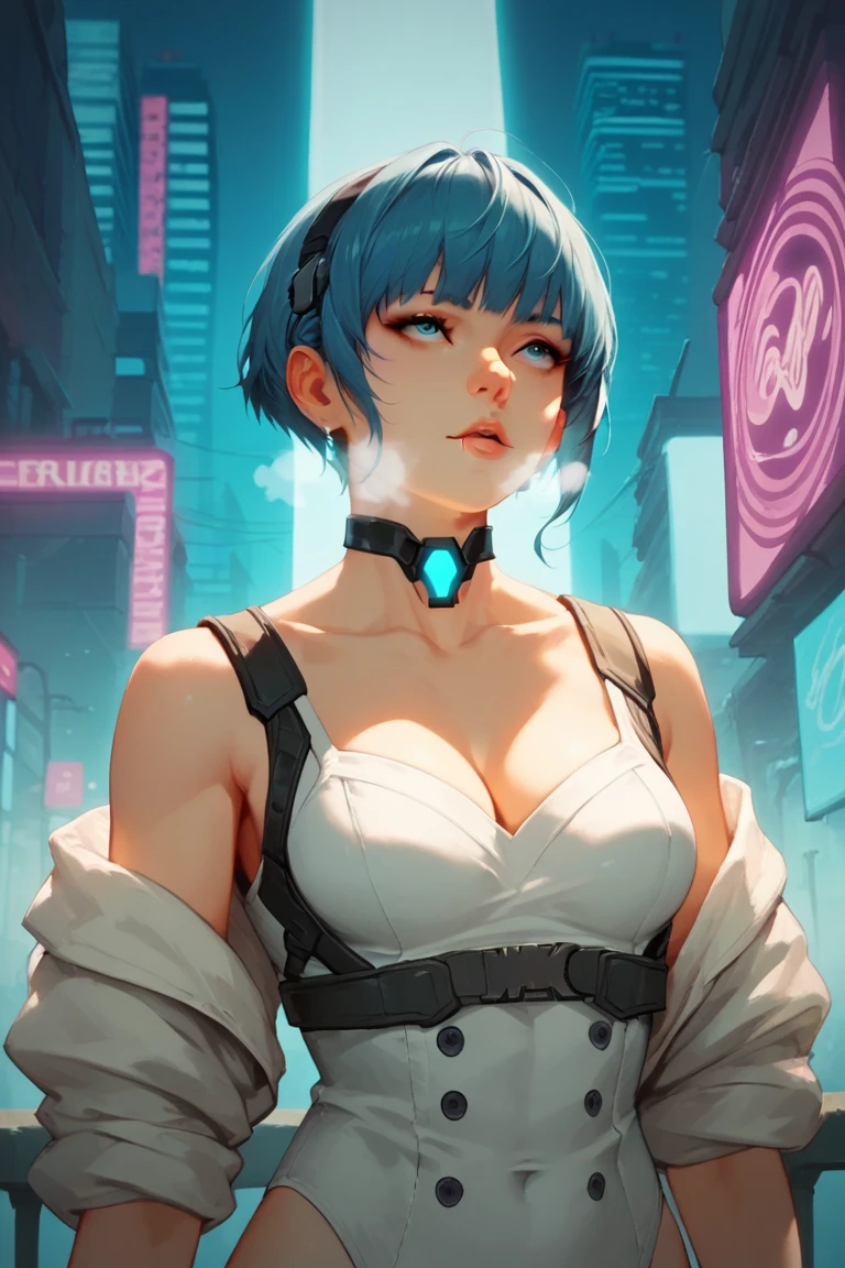 Girl、Cool、Asymmetrical Hair、Short Hair、Asymmetric、Vivid color inner color、City Girl、cyber punk、Loose tank top、Large Breasts、Open the chest、Expose、Bare Skin、sex appeal