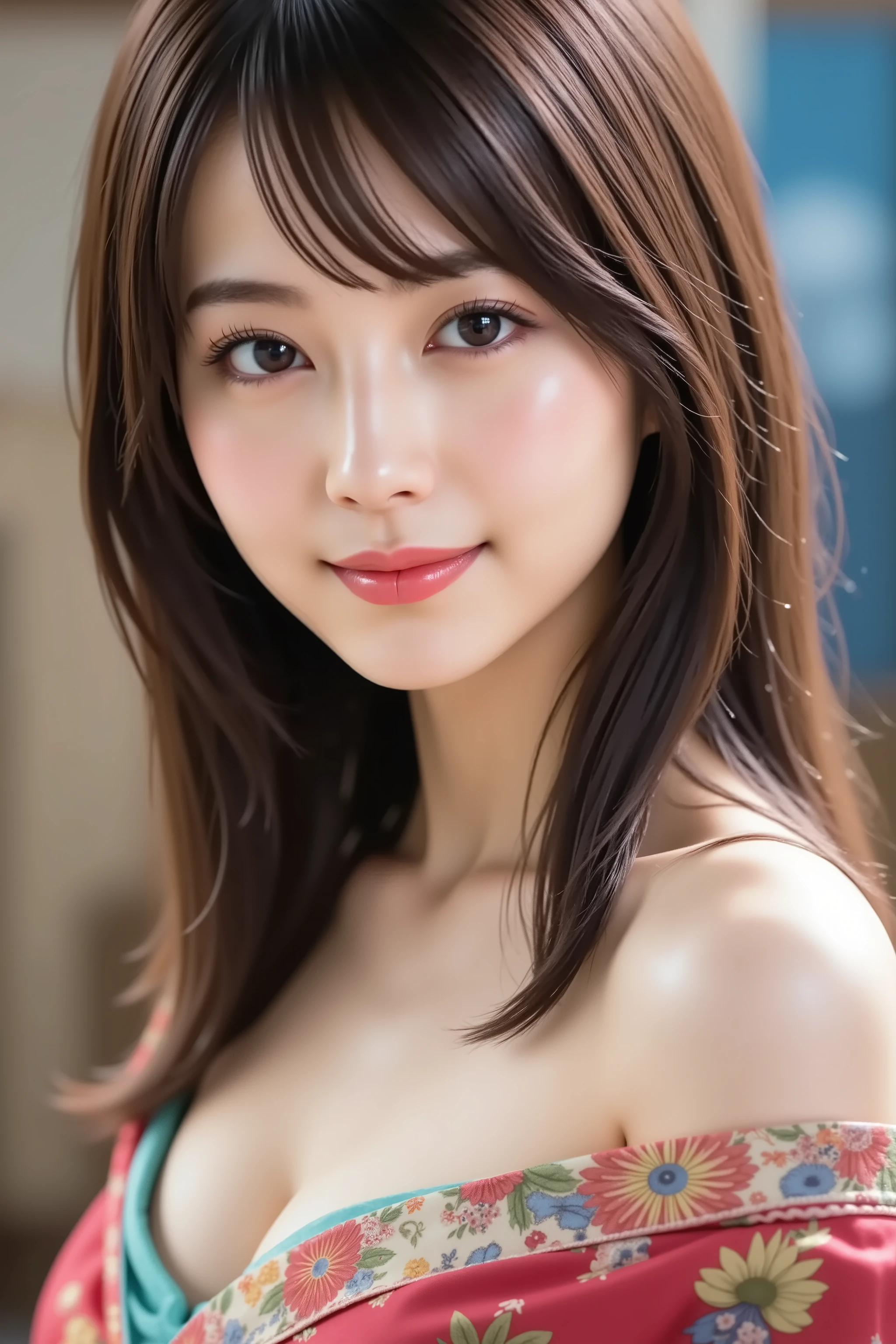 with the face positioned accurately in the center of the image, Upper chest, fine, clean skin、head is fully reflected with tight tension, face is clearly visible as a full body shot, one-shoulder colorful dress, night background、long black hair around my chest, Bangs, smile, young and cute Japanese face, Official Art, high image quality CG Unity 8k wallpaper, Ultra high image quality, very detailed, high image quality, Filmgrain, Lens Flare Glow, top quality, 8k, as a portrait shoot, 8k, viewer, masterpiece, top quality, very detailed, it's cute, sexy, very detailedな, Detailed Features , beautiful, beautiful Japanese woman, Women's 1, Tight chest