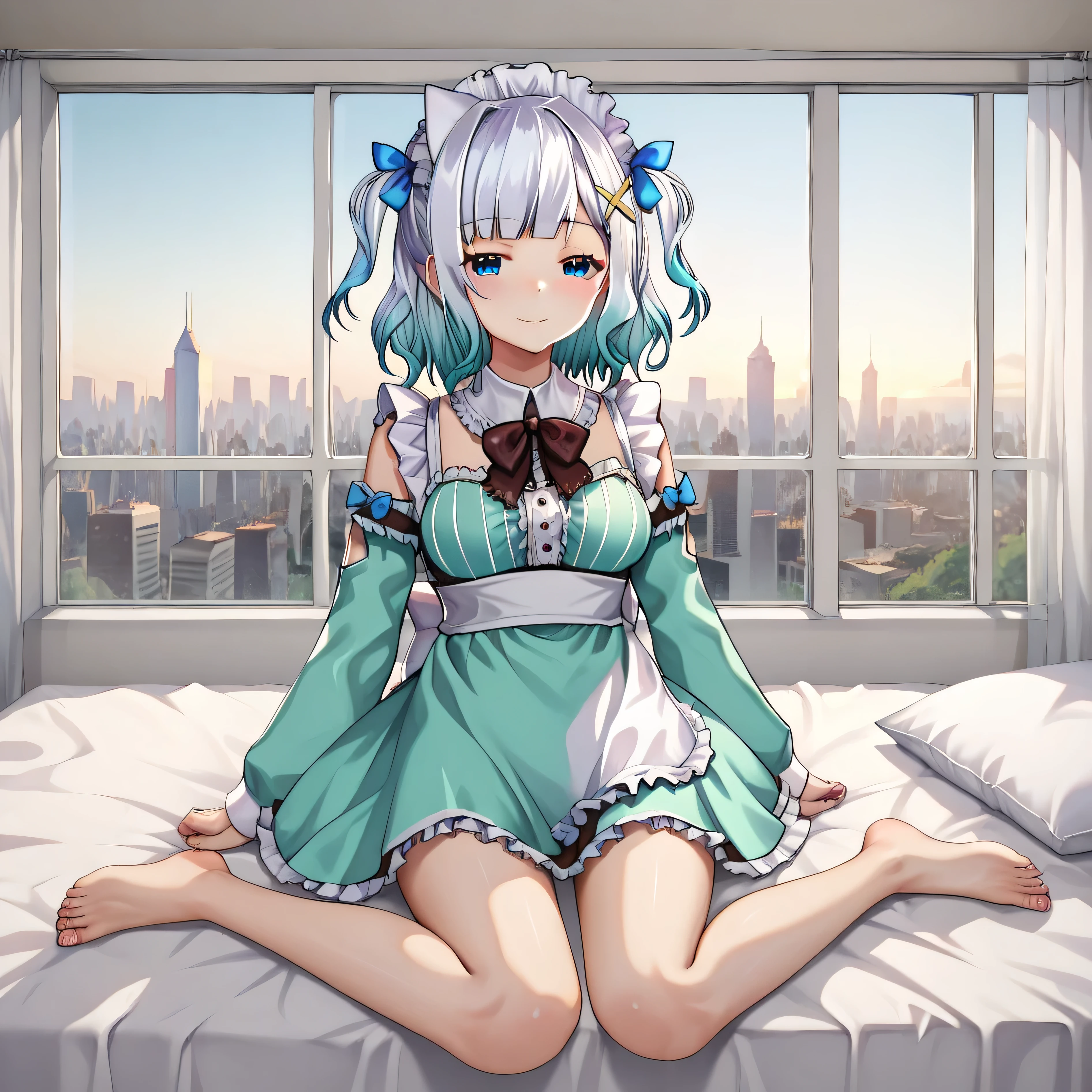masterpiece, best quality, detailed eyes, detailed face, detailed skin, vivid eyes, score_9, score_8_up, score_7_up, full body shot, 1girl, solo, sitting on bed, 4partment, indoors, window, scenery, cityscape, mint_fantome, white hair, gradient hair, blue eyes, maid headdress, cross hair ornament, two side up, blue hair ribbons, frilly, green dress, white appron, sleeves past fingers, white collar, brown bow, blue ribbons, half-closed eyes, white underwear,