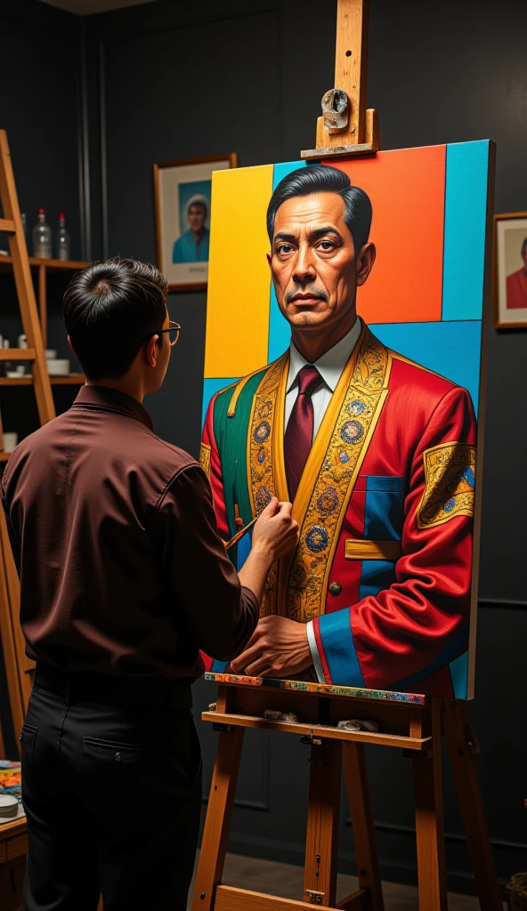 painting of a man sitting on a stool in front of a painting, inspired by Yue Minjun, by Yue Minjun, inspired by Douglas Bourgeois, kim jung gi, james jean and jenny saville, korean artist, weta studio and james jean, wu liu, wei wang, chinese artist, inspired by Zhang Xiaogang, zeng fanzhi