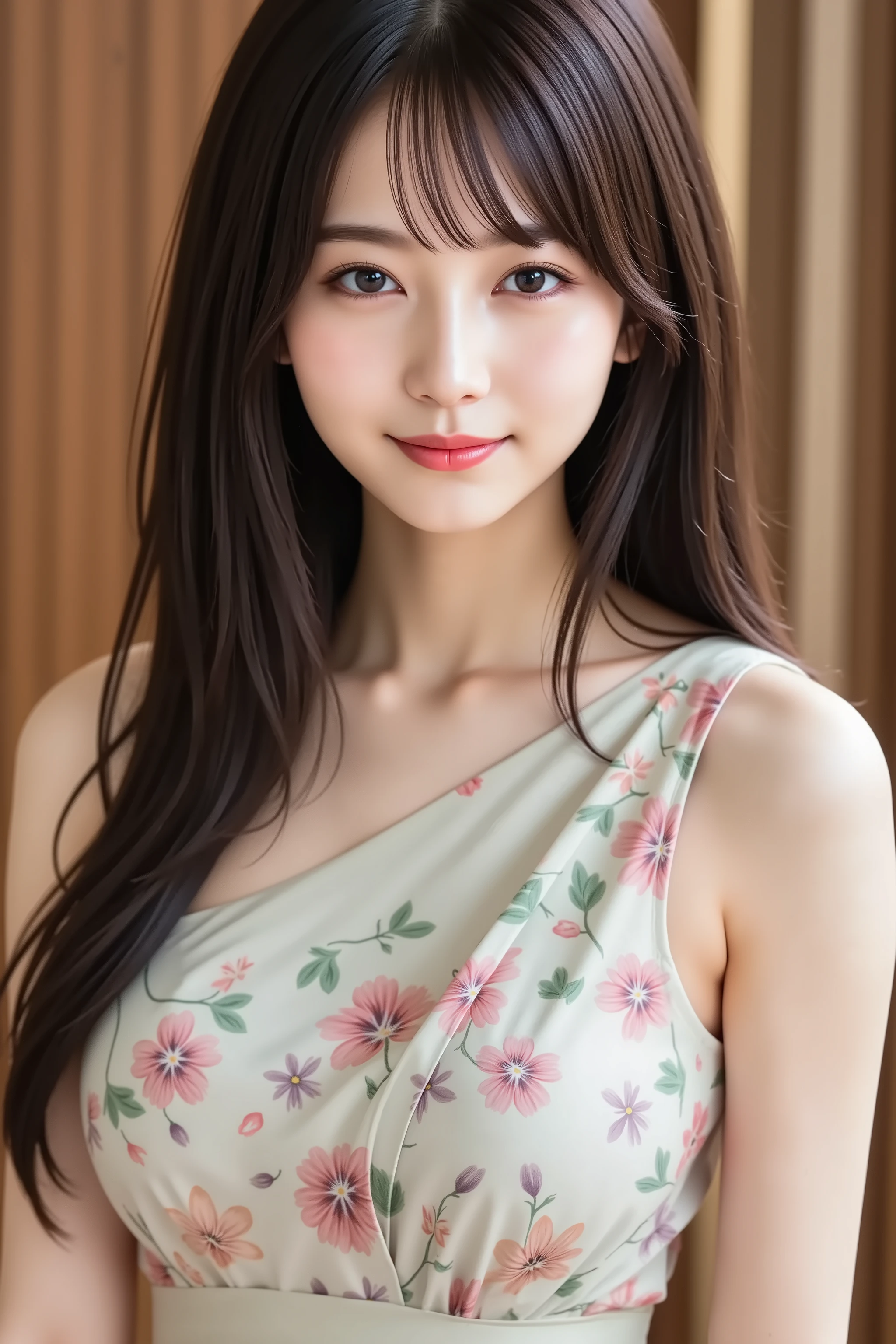 with the face positioned accurately in the center of the image, Upper chest, fine, clean skin、head is fully reflected with tight tension, face is clearly visible as a full body shot, one-shoulder colorful dress, night background、long black hair around my chest, Bangs, smile, young and cute Japanese face, Official Art, high image quality CG Unity 8k wallpaper, Ultra high image quality, very detailed, high image quality, Filmgrain, Lens Flare Glow, top quality, 8k, as a portrait shoot, 8k, viewer, masterpiece, top quality, very detailed, it's cute, sexy, very detailedな, Detailed Features , beautiful, beautiful Japanese woman, Women's 1, Tight chest