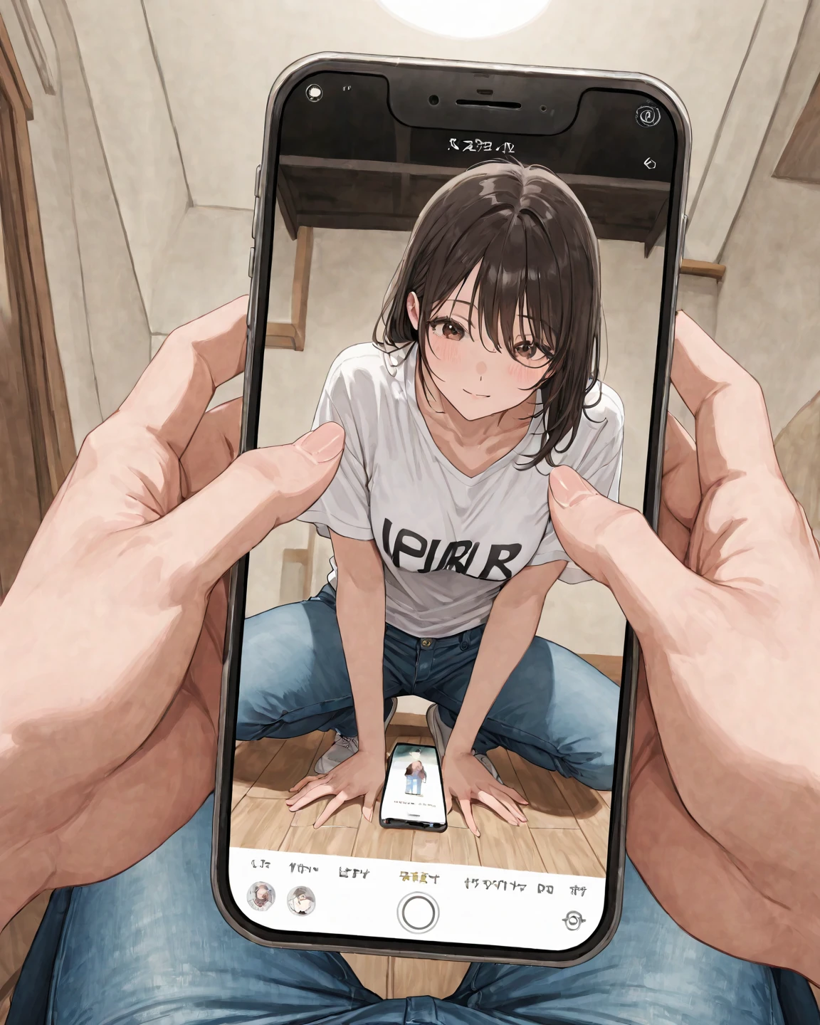 score_9, score_8_up, score_7_up, source_anime BREAK 1girl, pov, (phone), kugisaki nobara, standing, tank top, doorway, front door, answering door, hand on door, opening door, bare shoulder, mind control, hypnosis app, brown hair, brown eyes, medium hair, looking at viewer, hearts, wooden floor, house, blank eyes, <lora:Hypno_App_POV:1>, breasts, <lora:terasu style locon 36epo:0.5>, hetero, rating_questionable