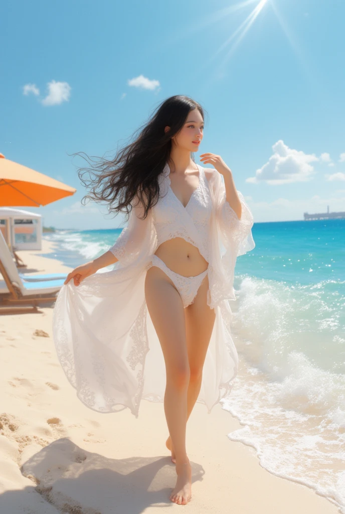 (((barefoot young slender beautiful Japanese girls on mud beach))), natural front lighting, ultra sharp focus,braided long twin-tail hair, (((light pale white skin color))),blue large eyes with long eyelashes and double eyelids, dynamic angle,red lip,smile, 5girls, ((waving arms)), ((huge breasts)), (full body shot:2), (((wearing wedding underwear ))), (beautiful face:2),(((beautiful)))