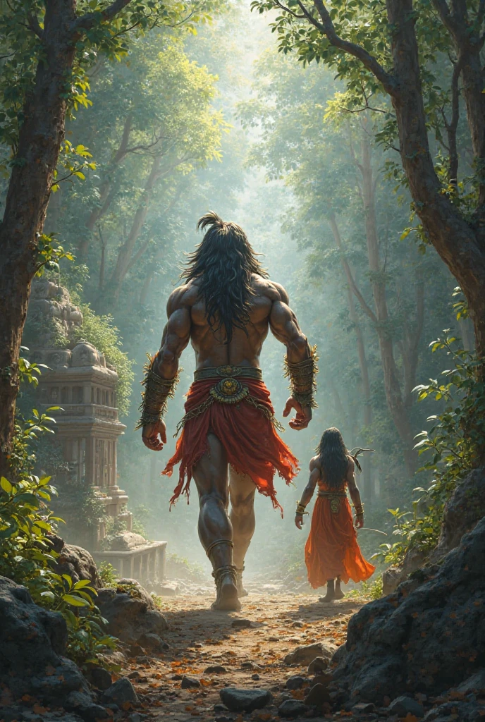Wide angle view of young lean muscular Indian Hindu man (Mowgli) with dreadlock hair walking with his back in the jungle, old ruined Hindu temple in the background, sunset, black panther walking with his back at the right side of the man, black bear walking with his back at left side of the man, cinematic lights, hyper realistic, 4K quality, unreal engine, captured with professional dslr camera, sharp detailed photography