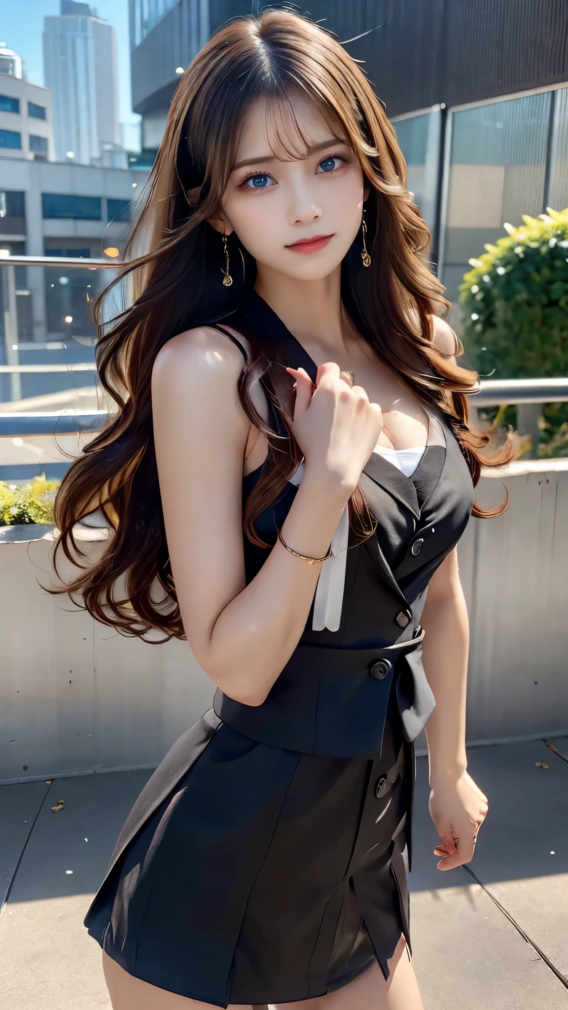 ((top quality, 8k, masterpiece: 1.3)), 1 girl, smile, full body, slim face, pretty woman, (dark brown hair), full-length dress: 1.1, fashionable pumps, ultra detailed face, detailed eyes, double eyelids, blurred background, slim face, city, outside, street,