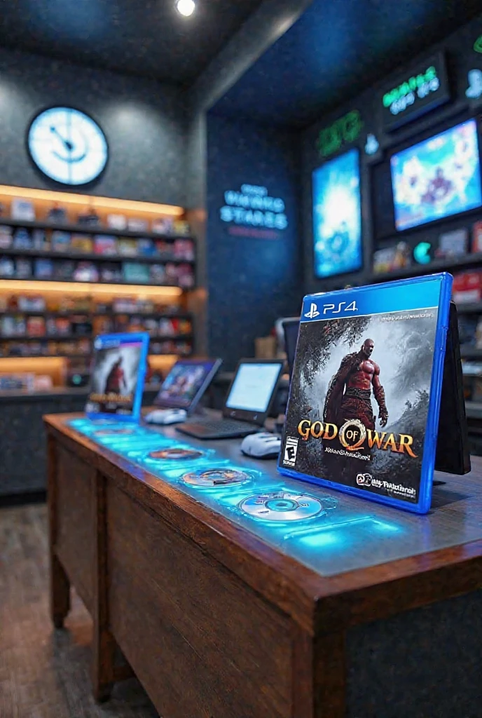 Create a nostalgic and detailed scene of a 2000s living room. En el centro de la imagen, put a classic PlayStation 2 console connected to a CRT television. na tela da TV, display the iconic title screen from the game God of War, with Kratos in the spotlight and his characteristic look. Next to the console, coloque um controle DualShock 2.

The room should have typical period decor., with a shelf in the background containing game boxes in an organized arrangement. Also includes a Kratos action figure to enhance the game&#39;s theme.. Lighting should be soft and warm, creating a retro and welcoming atmosphere that harks back to the 2000s.
