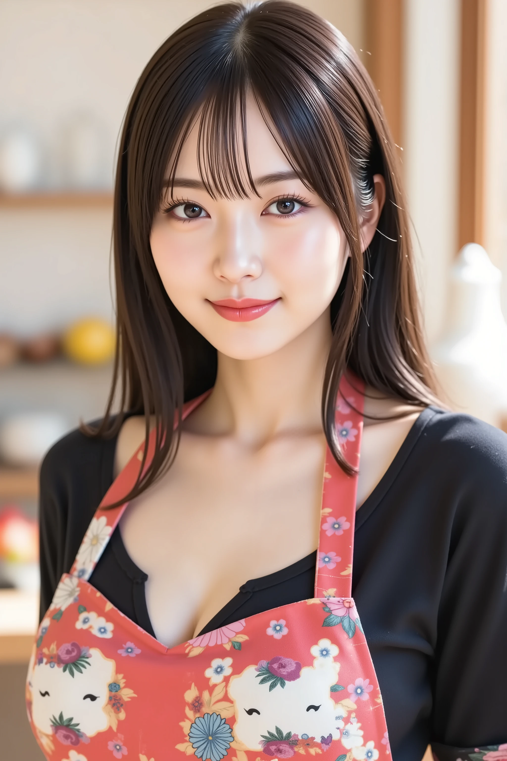 The face is positioned exactly in the center of the image , black hair , Tight Chest 、, the entire head is fully reflected , Face clearly visible、colorful apron, kitchen background, long hair per person、bungs, smile, young and cute Japanese face , Official Art, high image quality CG Unity 8k wallpaper,Ultra high image quality , very well detailed, high image quality , Filmgrain , Lens Flare Glow , Highest quality ,8k, as portrait shots ,8k, viewer , masterpiece,Highest quality ,very well detailed, it's cute ,sexy,very well detailedな,detailware features ,beautiful, illustration , beautiful Japanese woman, ladies 1
