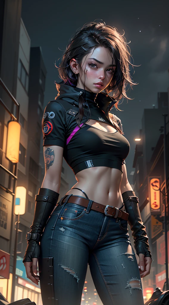 Cool pose, (very delicate and beautiful work), (masterpiece), one girl, girl in black leather jacket, abs, high definition, hips, distorted ponytail, attractive expression, beautiful clear eyes, Green pupils, delicate earrings, fairy ears, simple blurry background, very detailed description, beautiful face, delicate figure, thin collarbones, beautiful lips, beautiful breasts sts, soft back view, mix4, (8K, RAW Photo, Best Quality, Masterpiece: 1.2), (Realistic, Photorealistic: 1.37), 1 Girl, Pretty, Cityscape, Night Rain, Professional Lighting, Photon Mapping, Radiosity, Physically Based Rendering