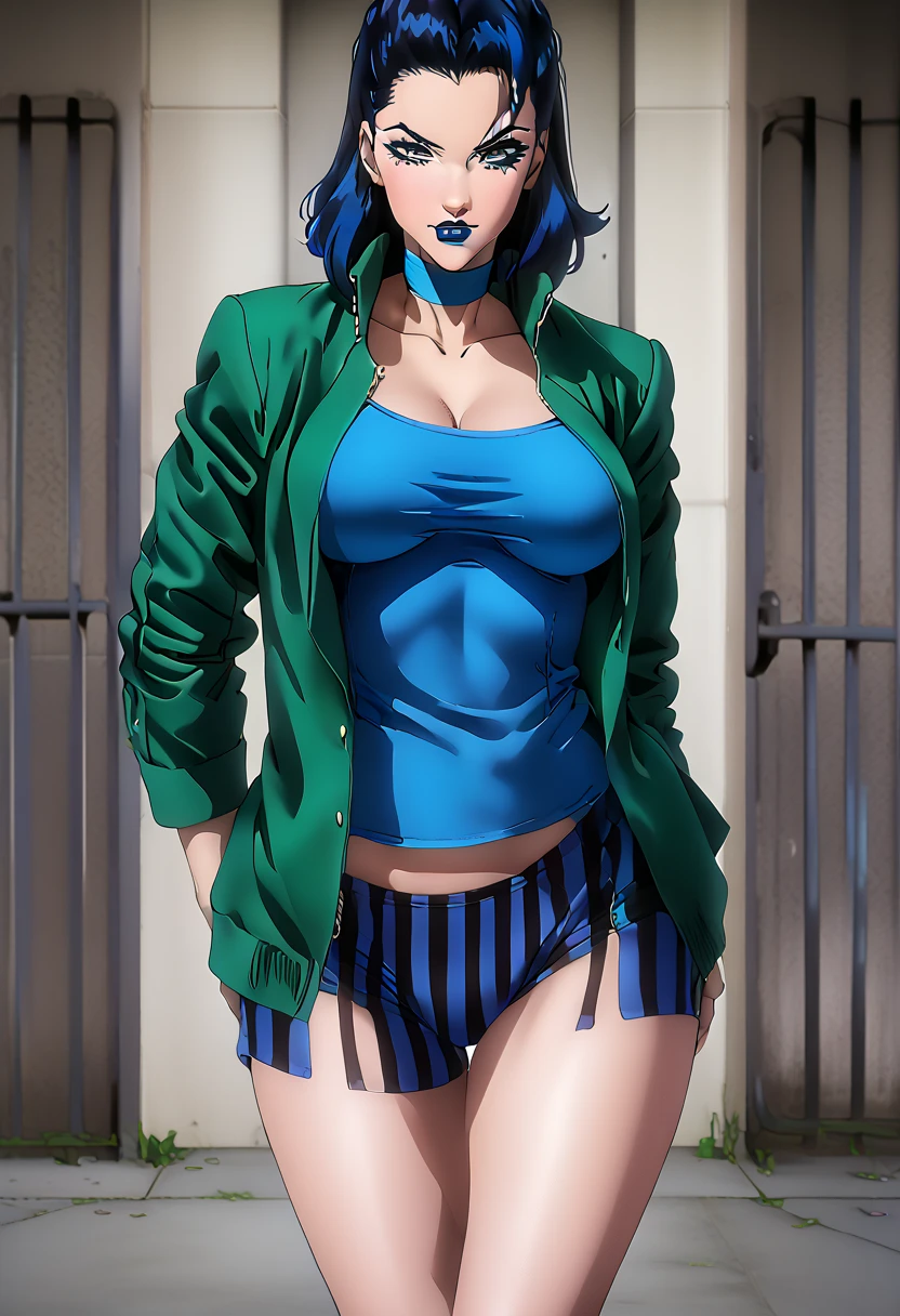 CLOSE UP OF BEAUTIFUL WOMAN WITH BLUE HAIR, BLUE HAIR, CURLY HAIR, WOMAN WITH BLACK PANTS, WOMAN WITH BLACK LINGERIE, ANIME IMAGE, ANIME IMAGE STYLE, ANIME STYLE, BEAUTIFUL DETAILED EYES