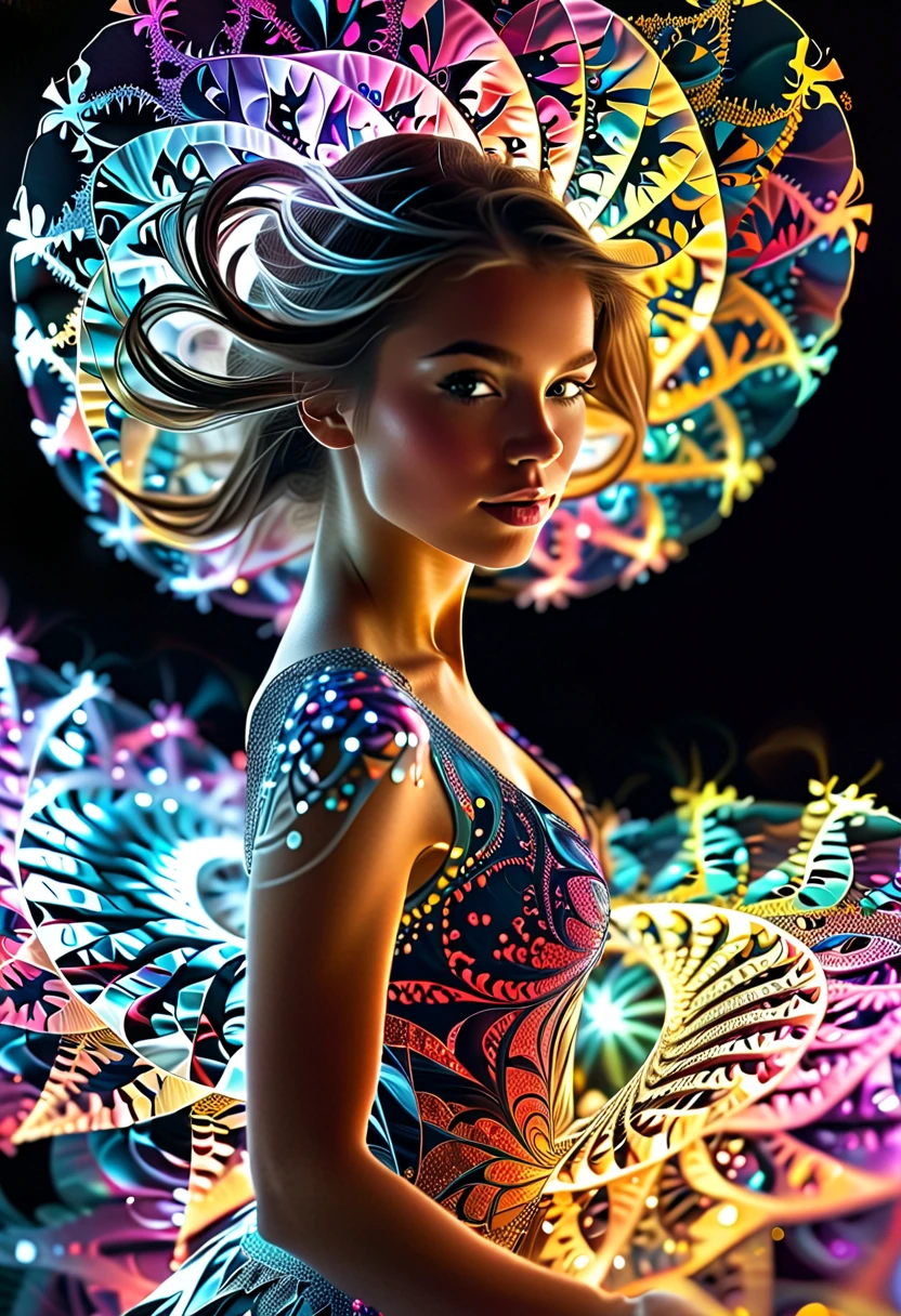 (masterpiece, best quality), 8k,(((Very detailed))), Transparent body with colored glass background race:1.8,Super intricate ethnic pattern,Colorful ethnic pattern,Transparent body with colored glass background, mandala,Light Up,cold, 1 female,Open back,(curls,bionde),