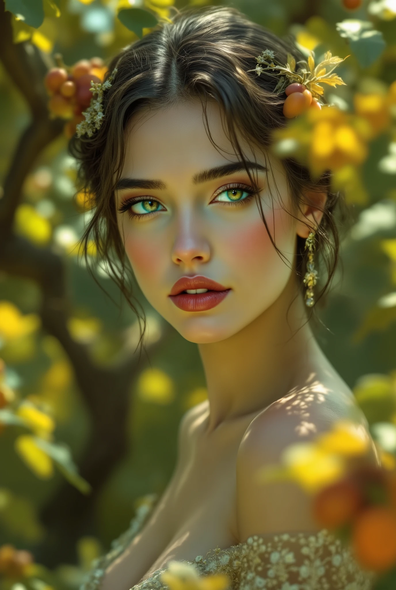 Favorite Beautiful Girl, gorgeous artwork, very beautifully, very beautifully, rich colors, orchard , sexy, Olfactory , Darling, gorgeous body, very beautifullyе лицо, beautiful hair , hairstyled by a beautiful, stands near a tree, that emits a white glow of sparkling, very beautifully, Masterpiece, better quality, complex details, high quality, extremely detailed , Amazing, clearly, rich colors,