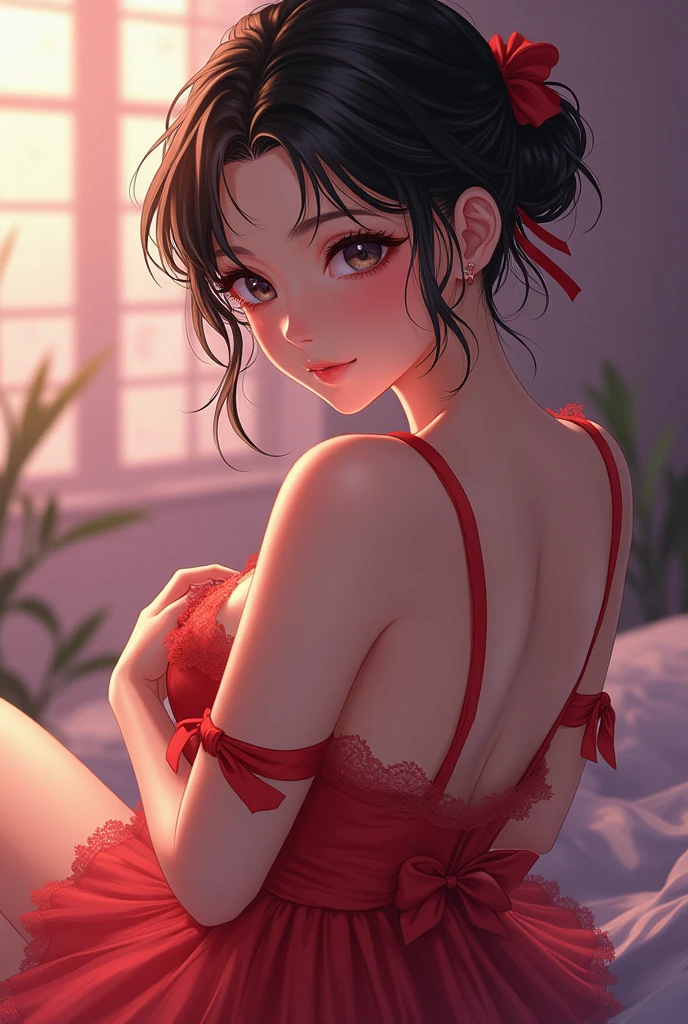 Sexy woman, black hair in a bun, long forehead, seductive eyes, medium nose, perfect pink lips seductively parted, deep blush, flustered, beautiful long neck, collarbone, medium chest,  long red floral dress, bedroom, stripping, exposing her black bra and bare shoulders, standing 