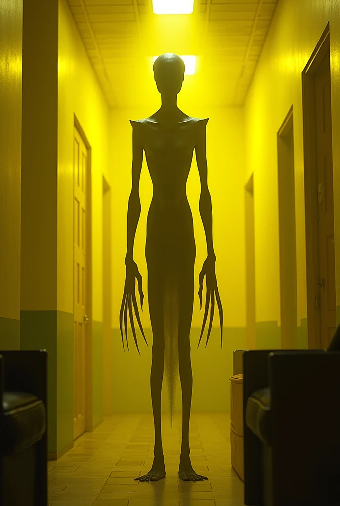 A human-shaped being but with four tentacles as feet and two long arms and a small head and gray skin. With a background of an abandoned experimental laboratory