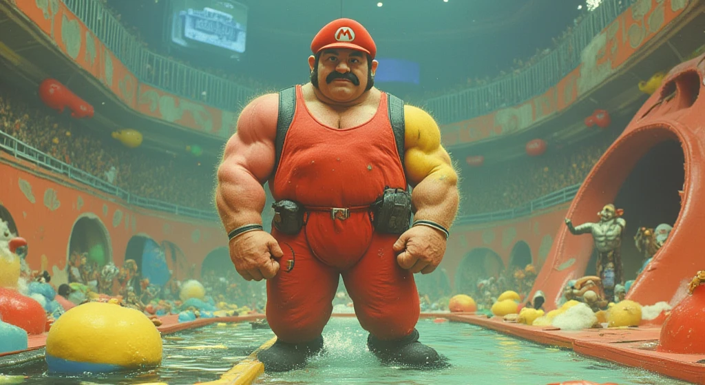 A very muscular mario as a stripper on a pole