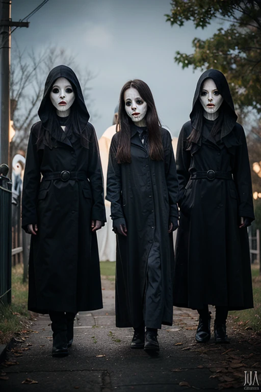 (Very old photograph only in sepia color), cenobitic characters from the movie Hellraiser, ((in medium full shot, low-angle ground view,)) A dark, eerie forest scene with a group of five figures walking towards the camera. The central figure is a child dressed in a black hooded coat with two red buttons down the center and black leggings, paired with black boots. The child is holding hands with two women, all of whom are wearing identical dark knee-length dresses with button details and black boots. Their faces are covered with terrifying white masks featuring black eye sockets, long black hair framing their faces, and mouths open wide in horror. The child and the women have their mouths agape in screaming poses, creating a chilling atmosphere. To the left of the group, there is a large, rough-textured beige cube with spikes protruding from its surface, resembling a trap or device. The cube has a central spherical element, giving it a mechanical appearance. The background consists of a dense, foggy forest with tall, bare trees that blur into the misty distance, creating a haunting ambiance. The ground is covered with dry leaves, adding to the eerie mood. The lighting is soft, diffused, and low, enhancing the ghostly and unsettling atmosphere of the scene. The overall color palette includes dark olive green, charcoal gray, bone white, and dark brown, contributing to the gloomy and foreboding feel. The composition is symmetrical, with figures arranged in a triangular formation, emphasizing the depth and tension of the scene. The image has high contrast and low gamma, with muted saturation and luminance, further accentuating the haunting ambiance of this horror-themed photograph. director Fritz Lang credits, science fiction, photorealistic, cinematic film, Ultra detailed, RAW photo, cinematic, artstation style, concept art, masterpiece, 8k, black and white, realistic textures, 3D rendering.