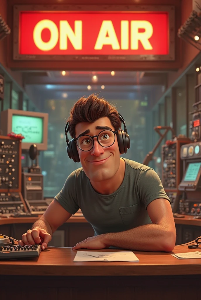 um homem, em breve, barba curta, olhos castanhos, com fones de ouvido, A music studio in the background, Imagem no estilo Pixar, Estilo de filme animado 3D, Disney, camiseta preta