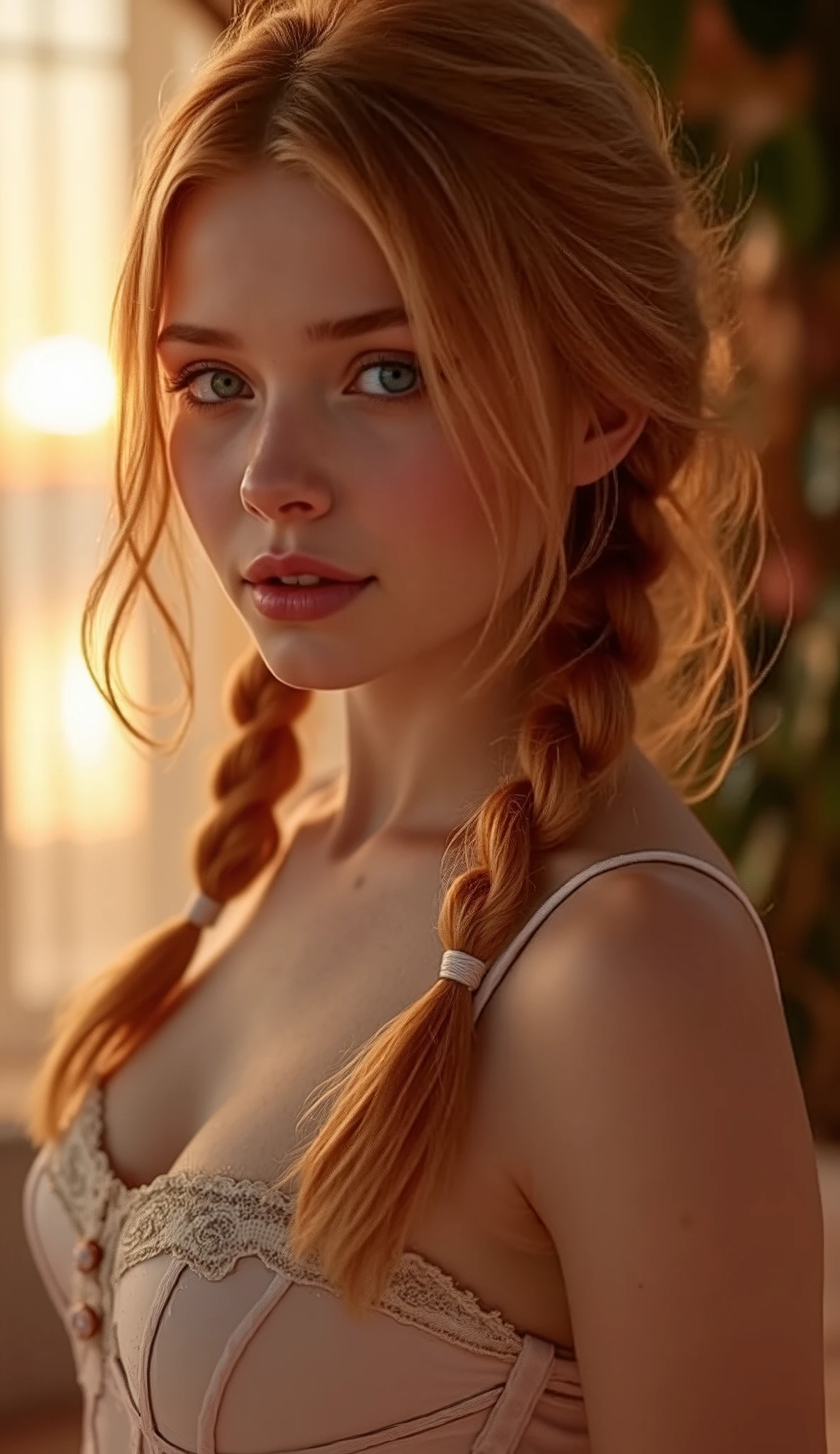 🌟 quality & silent: whole head down to below the chest, three sided view, masterpiece, 8k, ultra high resolution, hyperrealistic, very detailed, natural lighting, SLR lighting, SLR camera , Fujifilm XT3, film grain, Sharp concentration, perfect lighting. 🌌 Scene & background: different backgrounds: A romantic sunset on the beach, with warm, golden hues . A dark, mysterious forest with moonlight, that falls through the trees. A luxurious bedroom with candlelight and silky curtains. Ein urbaner background mit Neonlichtern und regennassen Straßen. 😈 model & Styling: wild young girl, Fiery red hair, different hairstyles such as quin tails, which in various Poses fall loose or styled are, and bright blue eyes , glowing blue eyes, She is wearing a lightweight, silk corset with deep neckline. 🔥 Pose & Mood: Different sensual facial expressions: she looks directly at the camera , with a seductive smile and half-closed eyes. She opens her lips slightly, with a playful and tempting look. She tilts her head slightly to the side, with a dreamy and sensual expression. She looks over her shoulder, with a mysterious and intense look. Die Mood ist sinnlich, seductive and full of emotions. 💋
