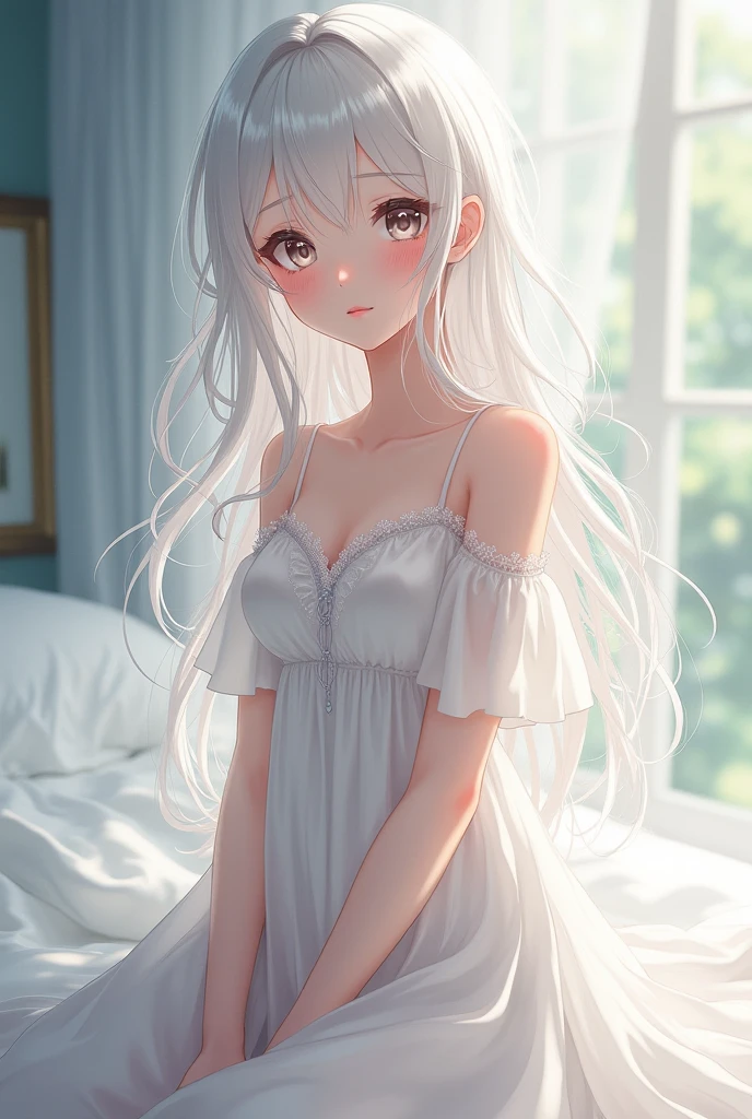 1Girl, Solo, Anime, Ideal body, (Cleavage, Small breast). Beautiful, Gorgeous, Fresh, Blunt Bangs, (White Grey Hair:1.5),(Straight and Wavy Long Hair:1.3), Sleep dress, Off-Shoulder, Oversize , laced, Comfort, Loose dress, satin Texture. (Sit on bed:1.3). Earrings, Thin Black Headband, Green Accessories, Environmental Details, Bed Room, Natural Light, Modern Bed, Chair, Window, White Curtain, City View. pov, anime style, UHD, retina, masterpiece, accurate, anatomically correct, textured skin. High Resolution, Looking at viewer, Blush, Best Quality, Award Winning, Accurate, Embarrassed, seductive smile, sweating, Naughty Face, Naughty, Gradient Eye Color, Sexy Pose. Cowboy Shot.